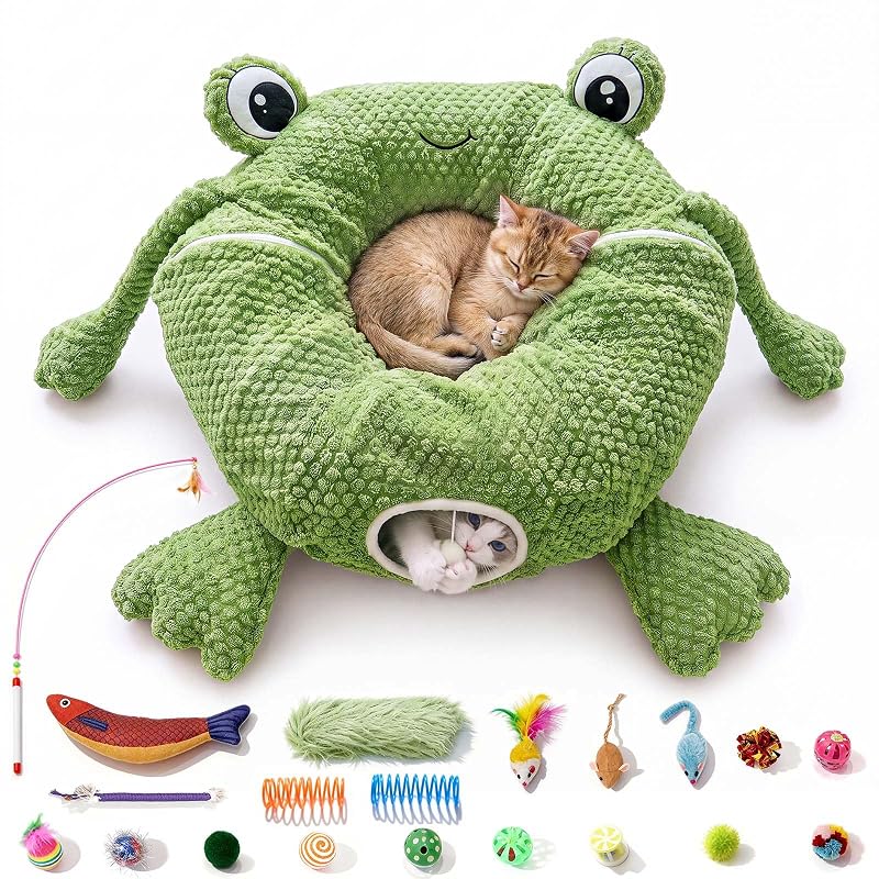 Túnel para gatos com cama, 20 brinquedos e formato de sapo VIEFIN Green Light Green – 1 unidade