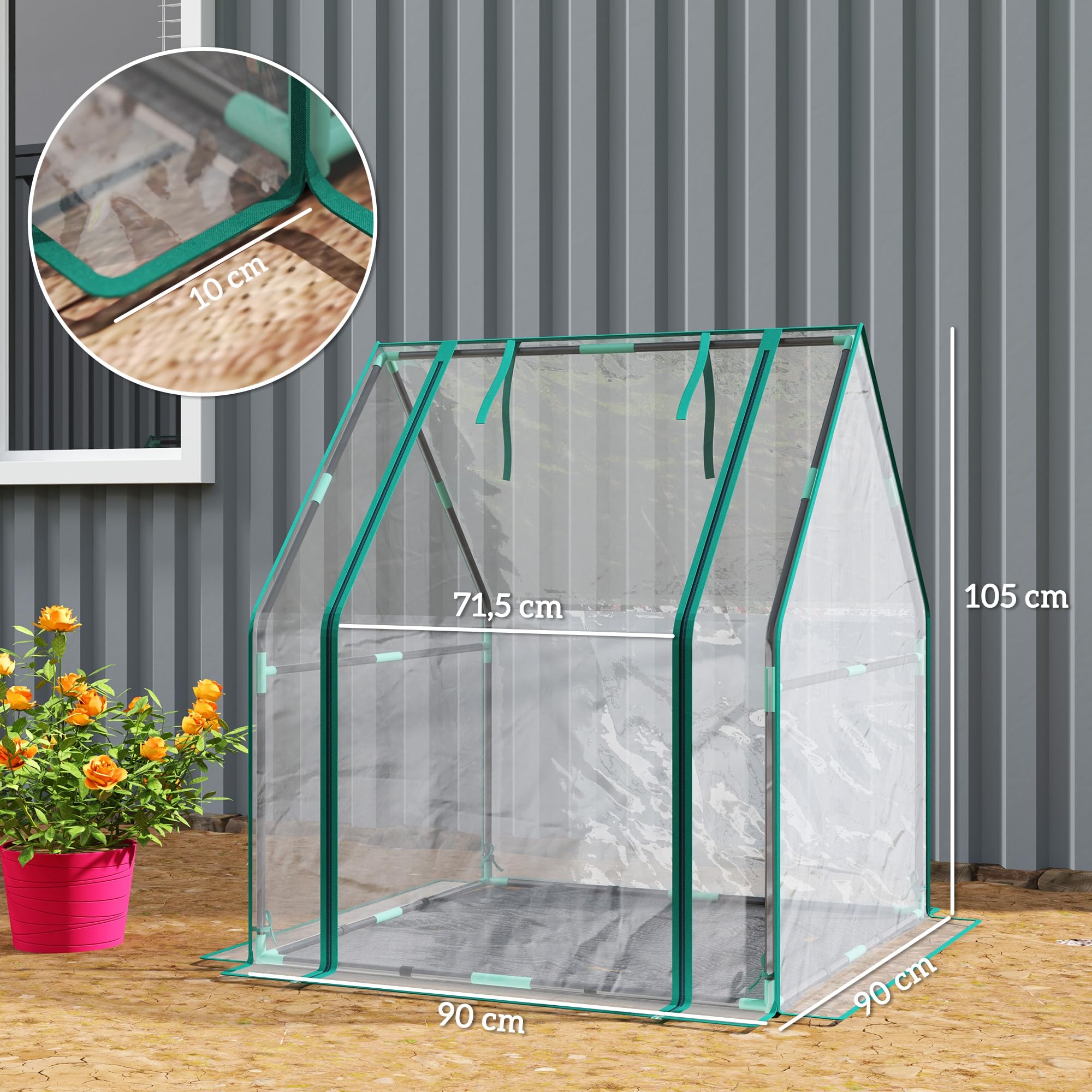 Outsunny Invernadero Pequeño Invernadero de Exterior con Puerta con Cremallera Base de Tela PE Impermeable y Marco de Acero Invernadero para Cultivar Plantas Flores 90x90x105 cm Transparente