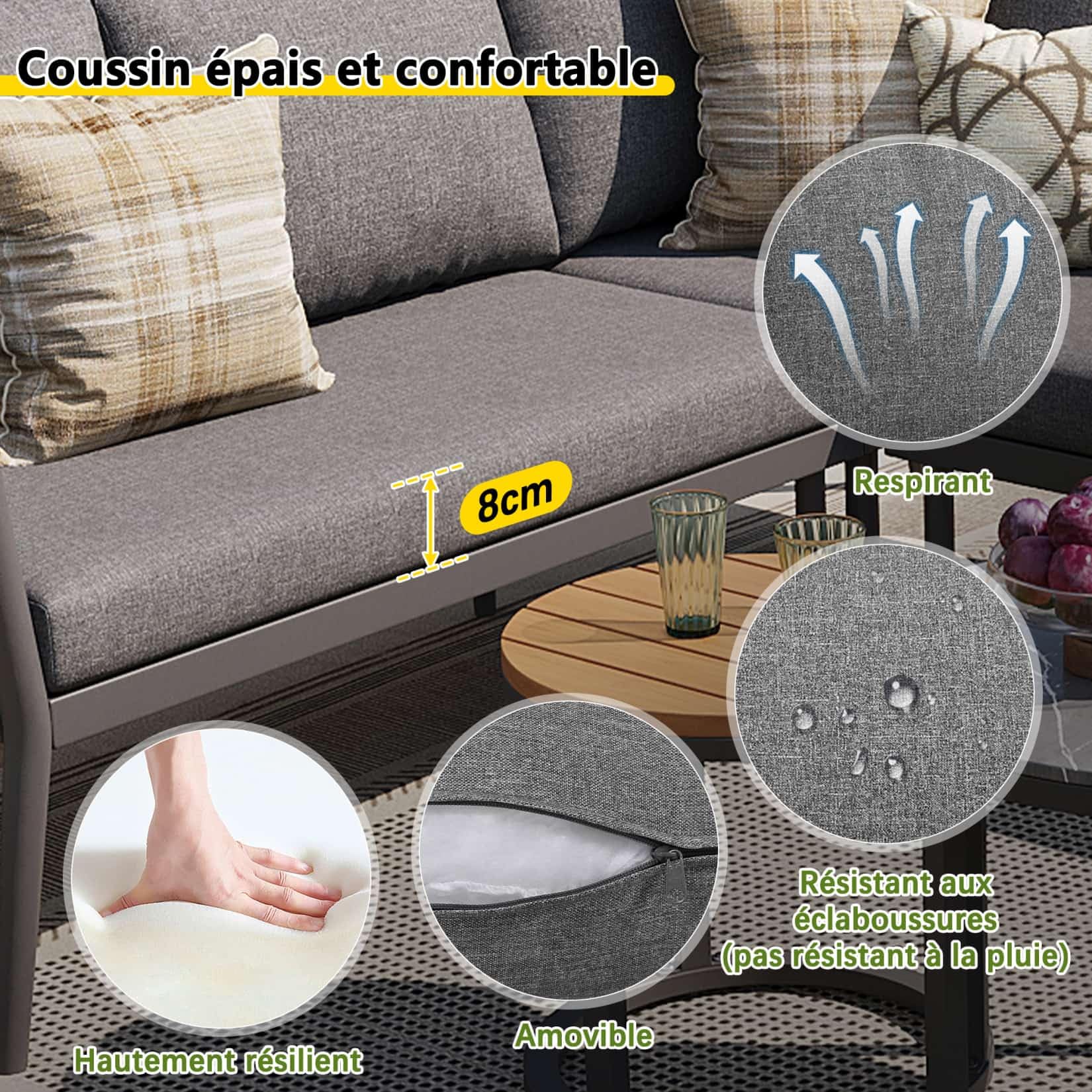 Salon de Jardin Exterieur Tissés 5-6 Personnes,Table Basse Gigogne Ronde avec 2 Petits Canapés 2 Places,2 Fauteuils Relax,Coussins Amovible Lavable,pour Terrasse,Balcon (Gris)