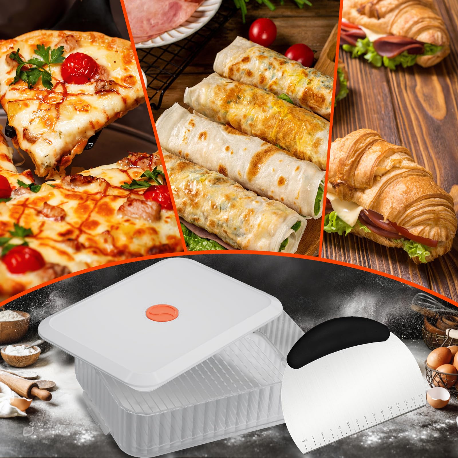 KATIMI Białe pudełko na kulki pizzy z pokrywką i skrobką do ciasta ze stali nierdzewnej, 31 × 23 × 8,7 cm, pudełko na kulki pizzy z zapisem daty, odporne na wilgoć pudełko na ciasto do pizzy z