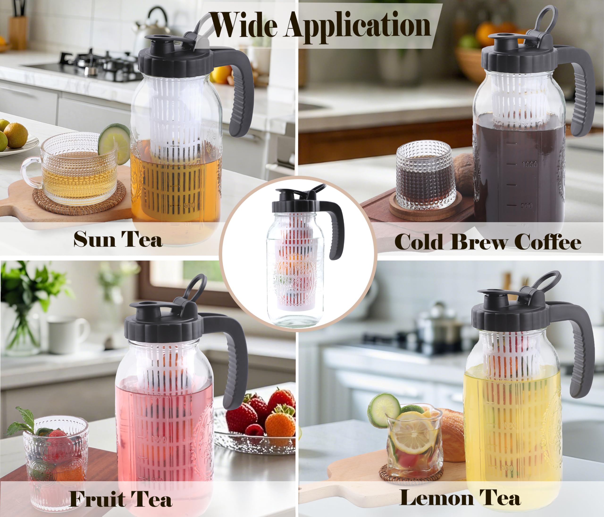 Jarra de agua de vidrio de 64 onzas con infusor, juego de 2 jarras de agua de medio galón, jarra de 2 cuartos de galón para té frío caliente, café, limonada, bebidas caseras, recipiente de jugo de