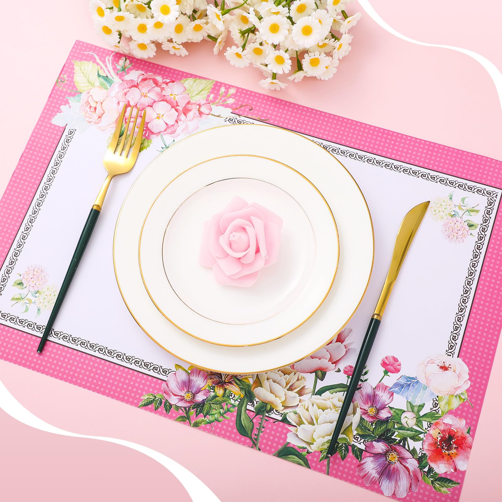 Sieral 100 manteles individuales de papel desechables para fiesta de té, 16 x 11 pulgadas, decoraciones florales para fiestas, decoración de fiesta de té para mujeres, manteles de papel para jardín,