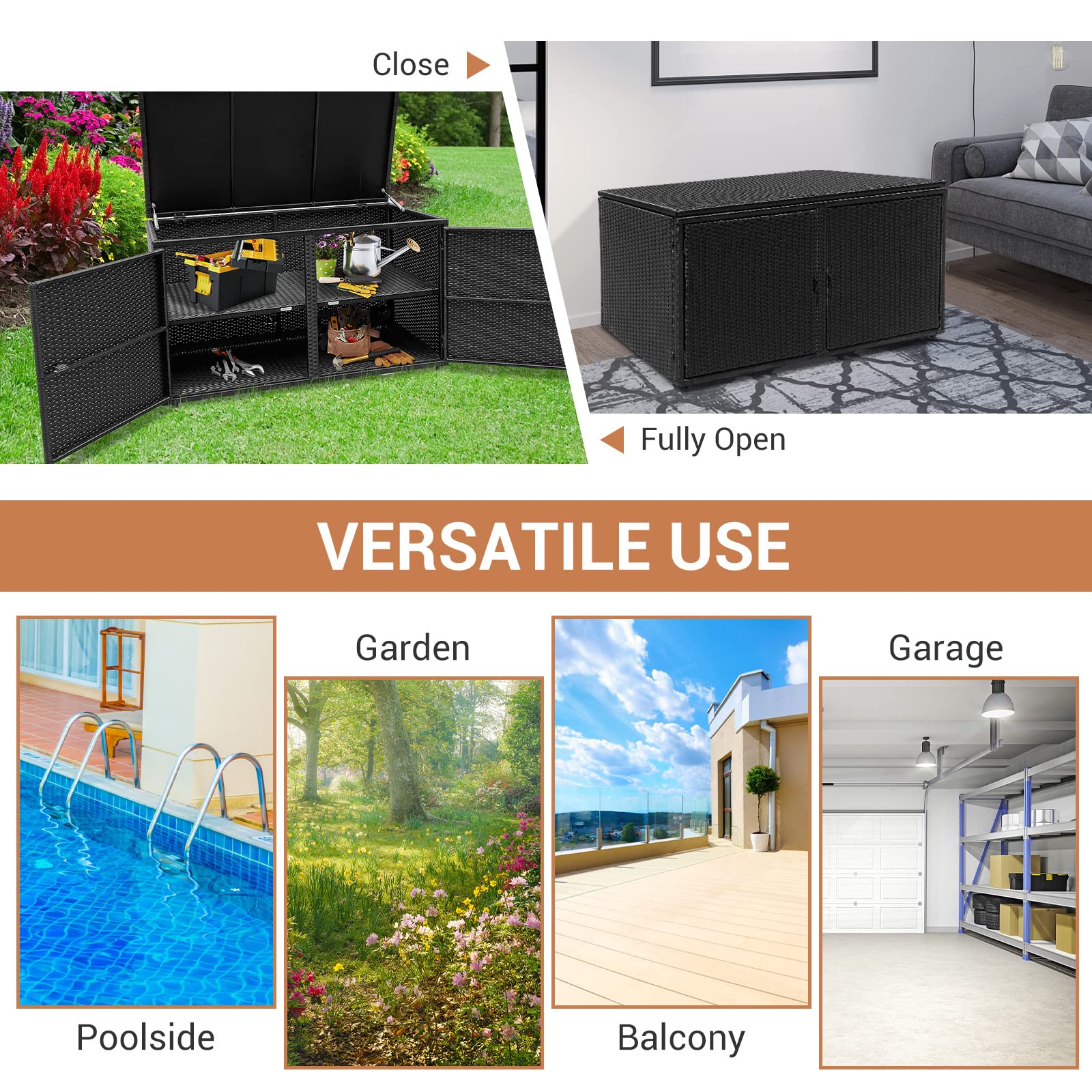 GIANTEX Cassapanca Per Esterni in Metallo e PE Rattan, Ideale Per Tenere in Ordine, 310 L,115 x 60 x 65/120 cm, 2 Colori (Nero)