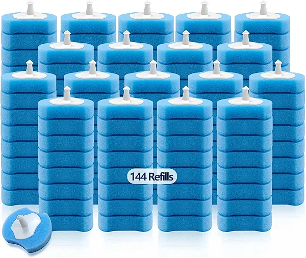 144 Count Toilet Brush Refills for Most Wands, Toliet Wand Refills-Blue Disposable Sponge Refill Heads Prefilled Cleaning Fluid for Bathroom Toilet Cleaning.