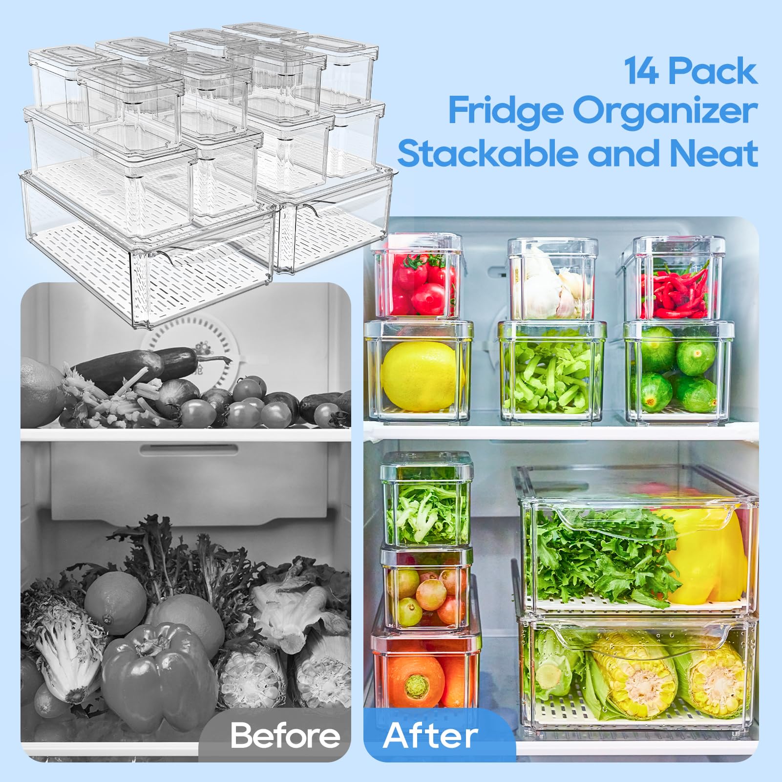 JollyPack Paquete de 14 organizadores de refrigerador, contenedores organizadores de refrigerador con tapas, sin BPA, apilables, contenedores de almacenamiento de frutas para nevera, verduras,