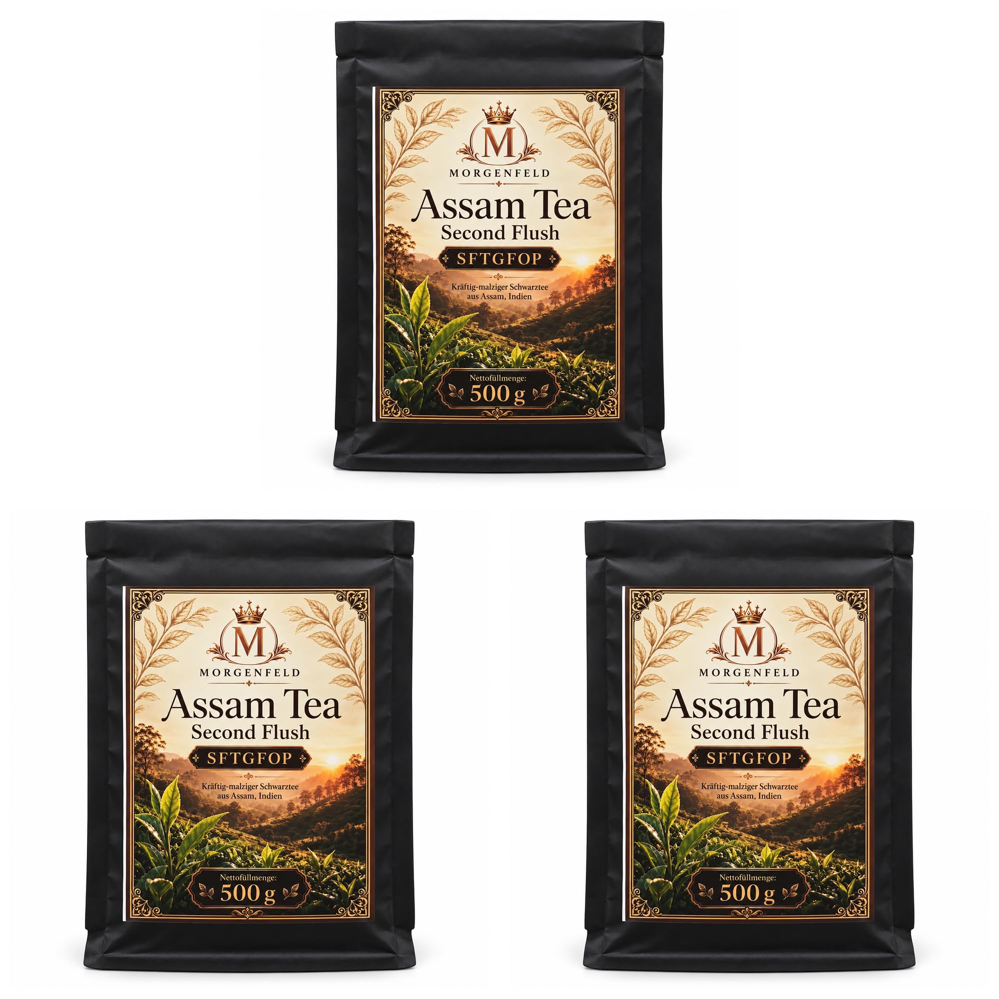 Morgenfeld Assam Tea Second Flush 3 x 500 g – Té Negro Premium SFTGFOP de Assam India, Té Suelto en Hojas Intenso & Maltoso para Tetera, Infusor, Desayuno, Merienda y Degustación met Kajal Sticker