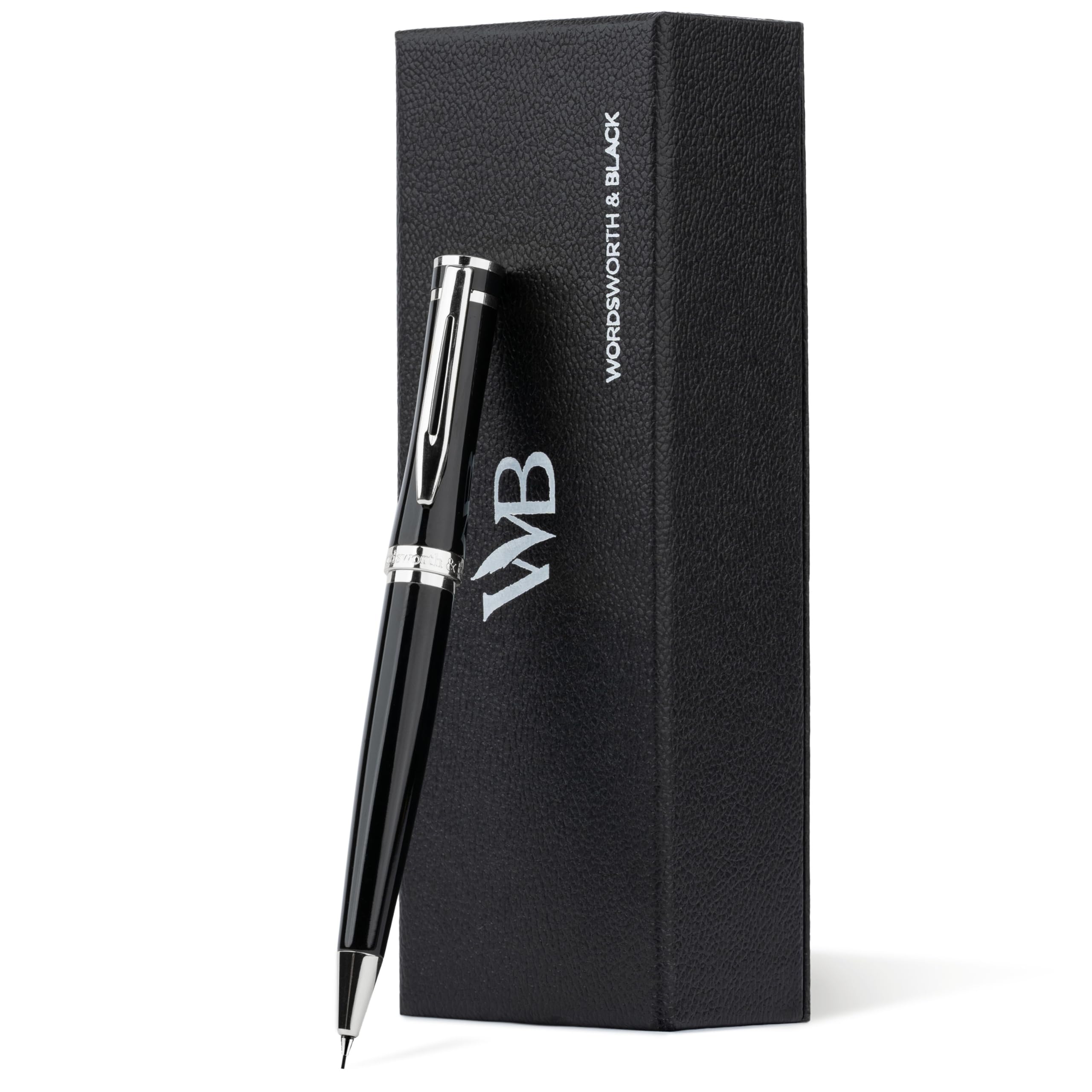 Wordsworth et Black Crayon Mécanique Mine de Graphite - Laque Noire avec Finition Chromée, Mine de 0,7 mm, Coffret Cadeau pour Hommes et Femmes, Crayons Professionnels de Bureau