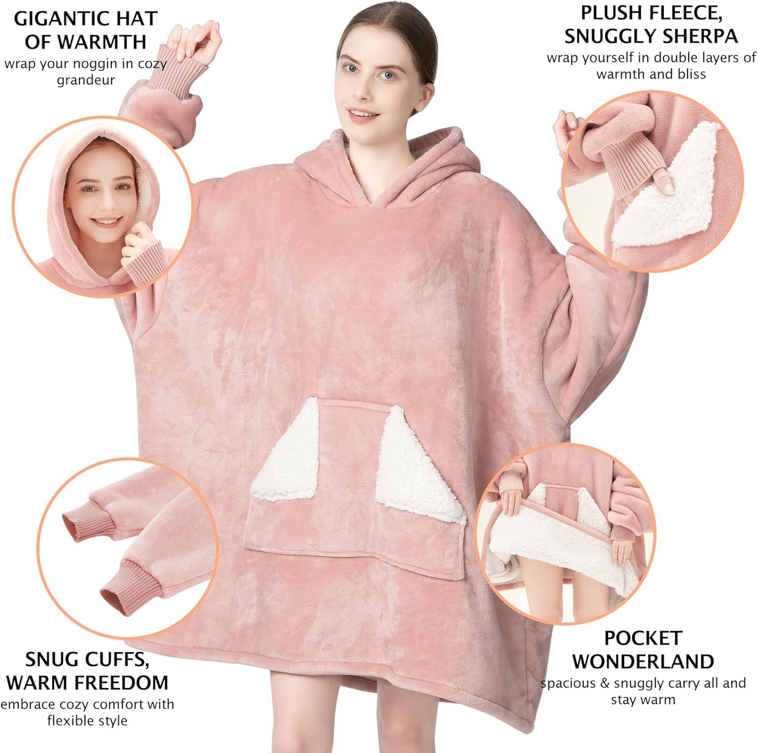 Touchat Wearable Blanket Hoodie, Oversized Sherpa Blanket Sweatshirt with Hood Pocket and Sleeves, Super Soft Warm Plush Hooded Blanket for Adult Women Men, One Size Fits All (Pink) - Image 2