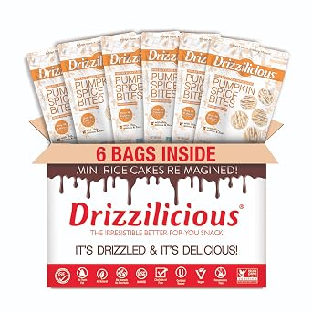 Drizzilicious Mini Flavored Rice Cakes - Rice Crisps, Healthy Snack for Adults and Kids, Vegan, Gluten Free Snack, Only 90 Calories Per 21 Pieces - Pumpkin Spice, 4 oz (Pack of 6)