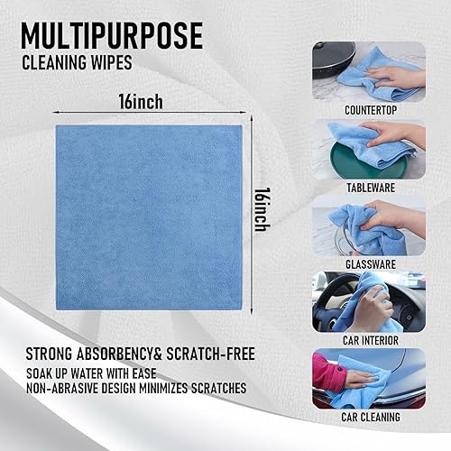 Miniatura 3 de Tricol Clean Paño de limpieza de microfibra, 16 x 16 pulgadas, paquete de 12 trapos de limpieza ultra gruesos, súper absorbentes, sin pelusa y sin
