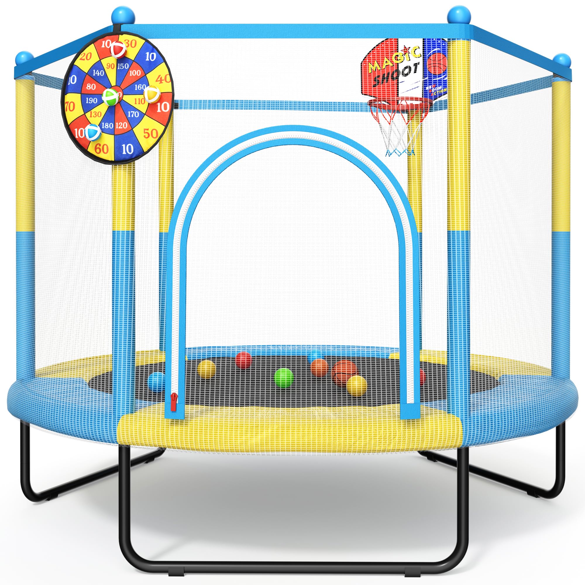 ROPODA Trampolino per bambini per interni ed esterni con rete di sicurezza, cestino da basket e robusto tappeto per saltare