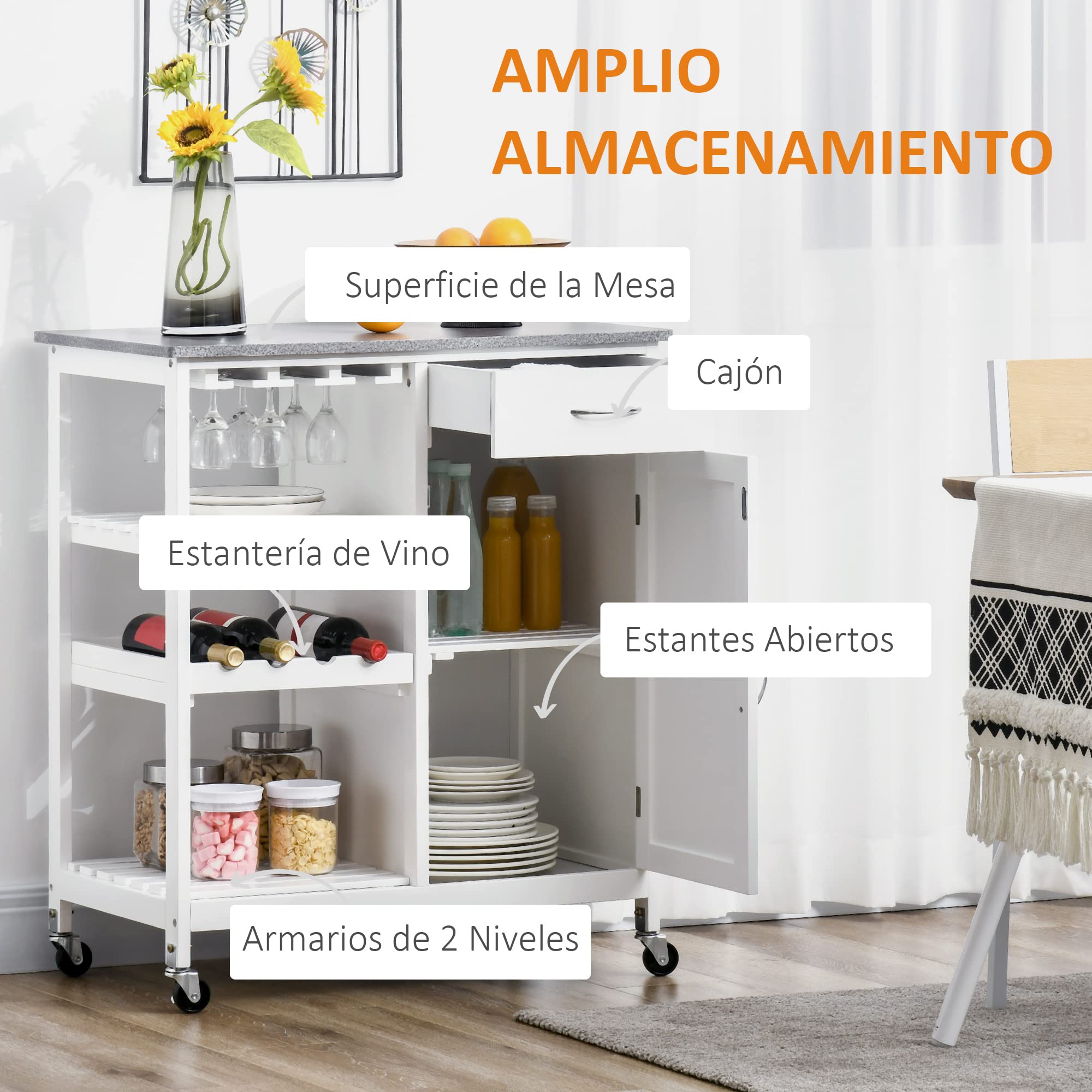 HOMCOM Carro de Cocina con Ruedas 1 Cajón Armario 40 kg 76x48x88 cm Blanco | Carrito de Servicio, Estantes Extraíbles, Botellero para 4 Botellas, para Comedor Salón