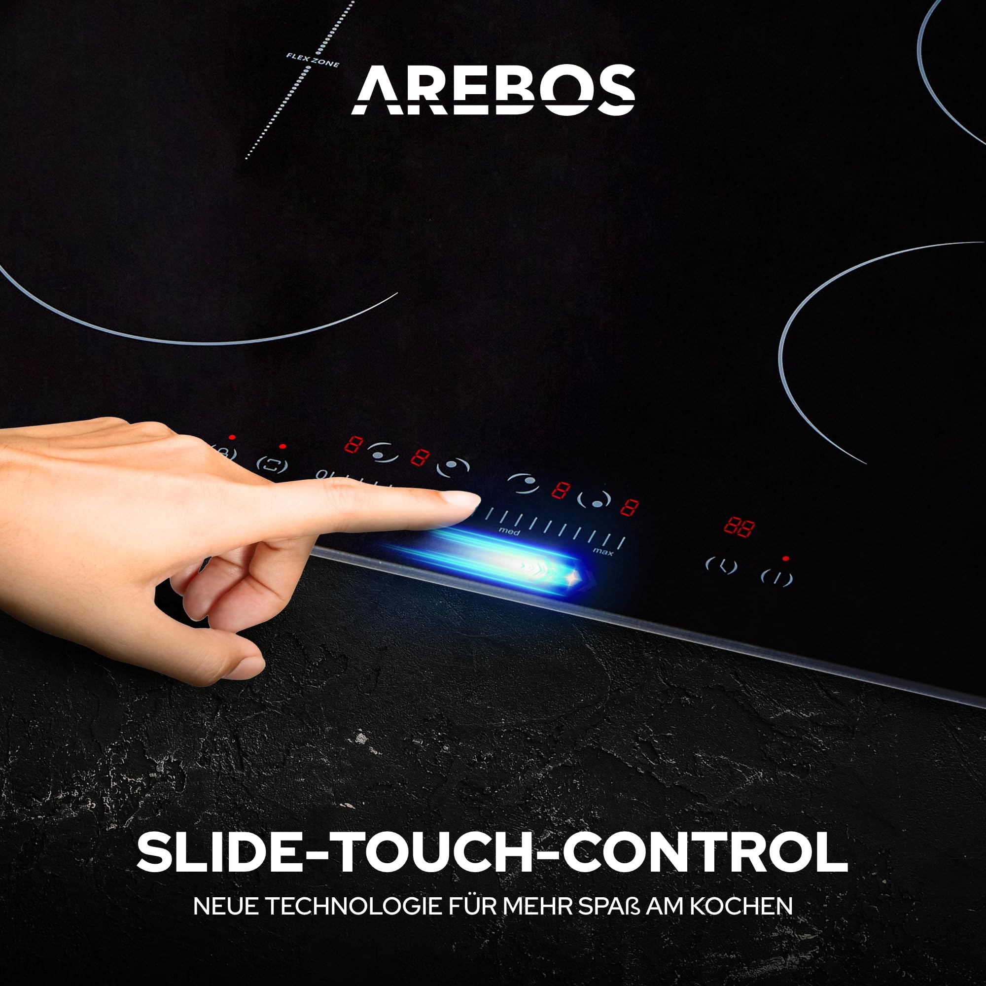 Arebos Induktionskochfeld mit Booster-Funktion | 7200 W | 4 Kochfelder Flexzone | 59 cm | Autark Schnellaufheizung | mit Sensor Touch, Timer, Kindersicherung, Überhitzungsschutz, Autoabschaltung