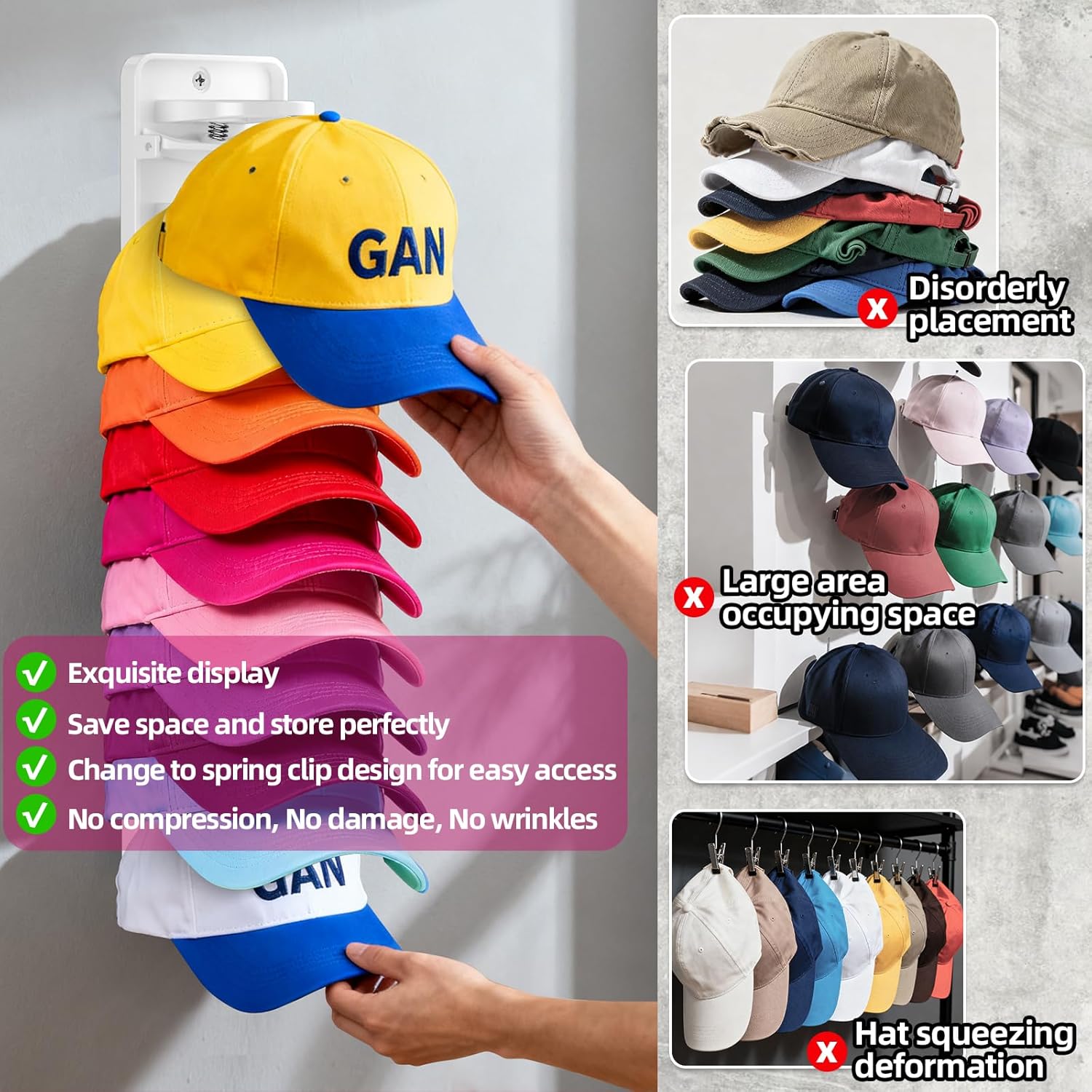 Spring Clip Hat Organizer for Baseball s –, Wall Hat Ra for Door &