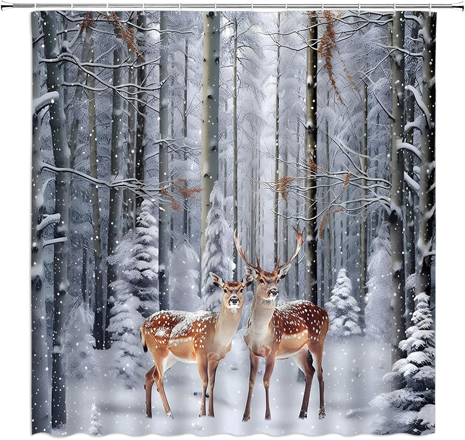 Winter Forest Extra Long Shower Curtain Deer Tree Jungle Snowflake Wildlife Animal Rustic Cabin Gray Fabic with Hooks for Bathroom Decor,70x78 Inch