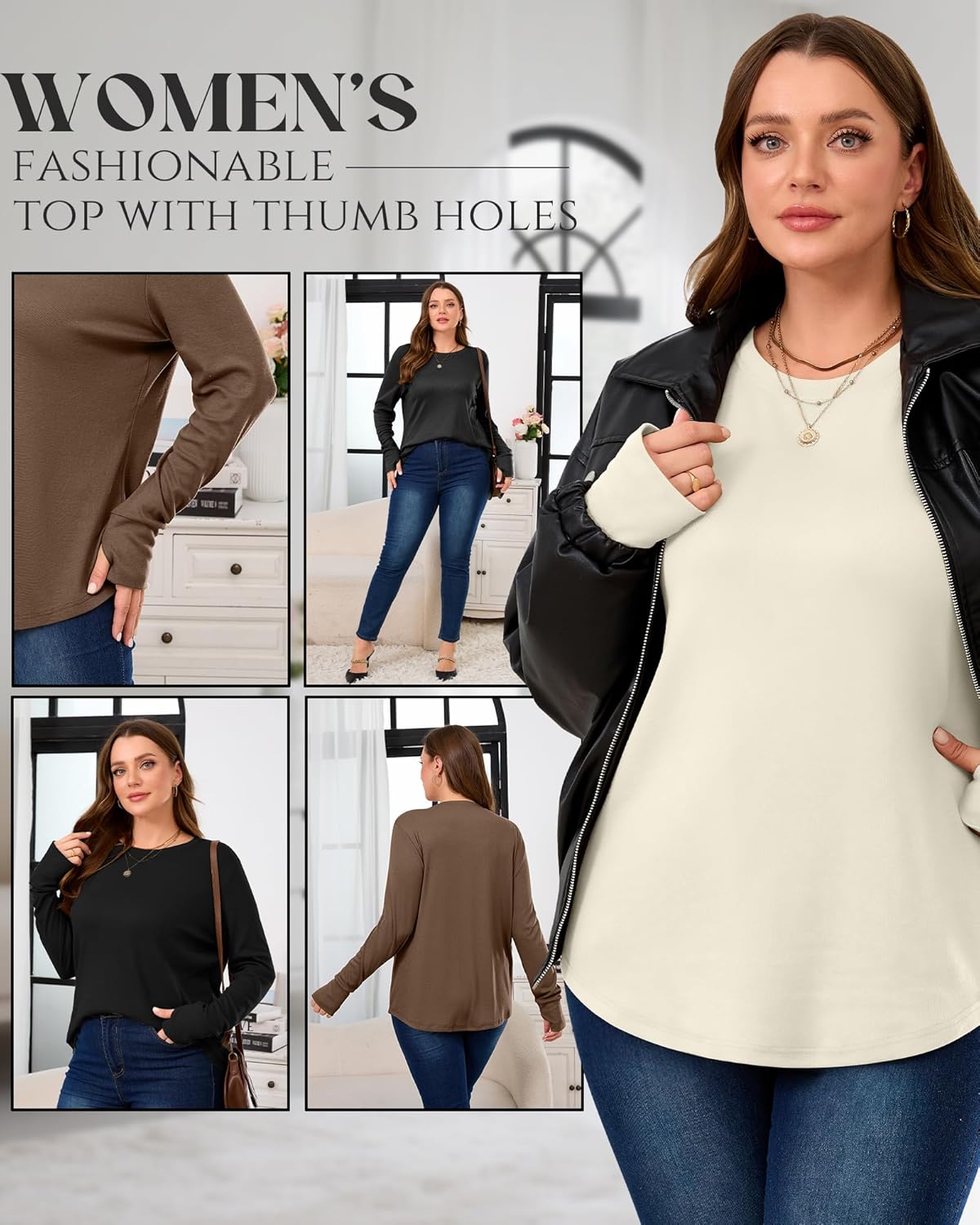 3 Pack Women's Cotton Plus Size Tunic Tops Thumb Hole Crew Neck Long Sleeve Shirts Casual Loose Y2k Trendy Outfits - Image 5