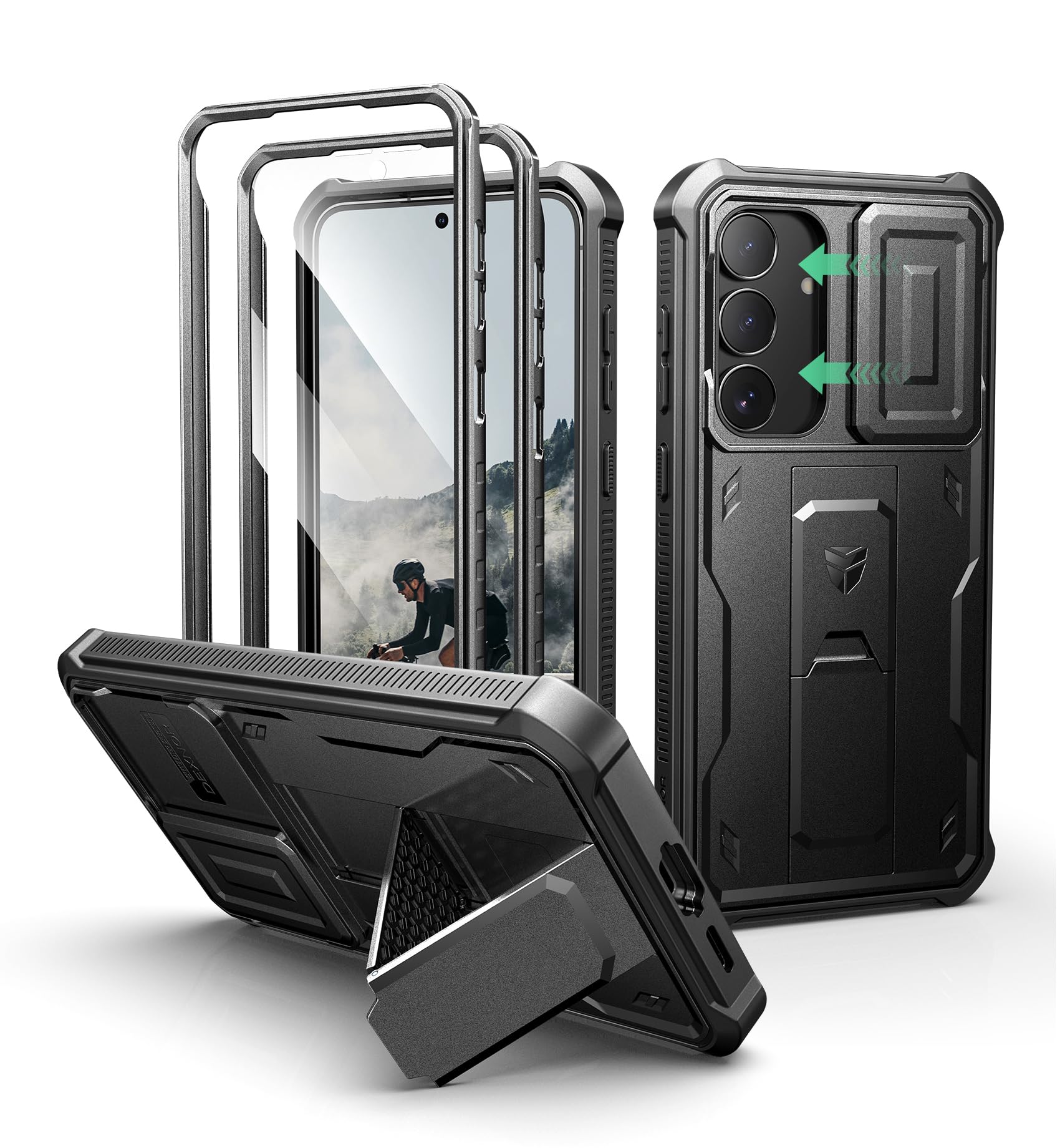 Dexnor for Samsung Galaxy S25 FE Case with Upgraded Slide Camera Cover &amp; 2 Front Frames &amp; Built-in Screen Protector &amp; Kickstand, Heavy-Duty Rugged Case Full-Body Protective Cover(2025),6.7 inch-Black