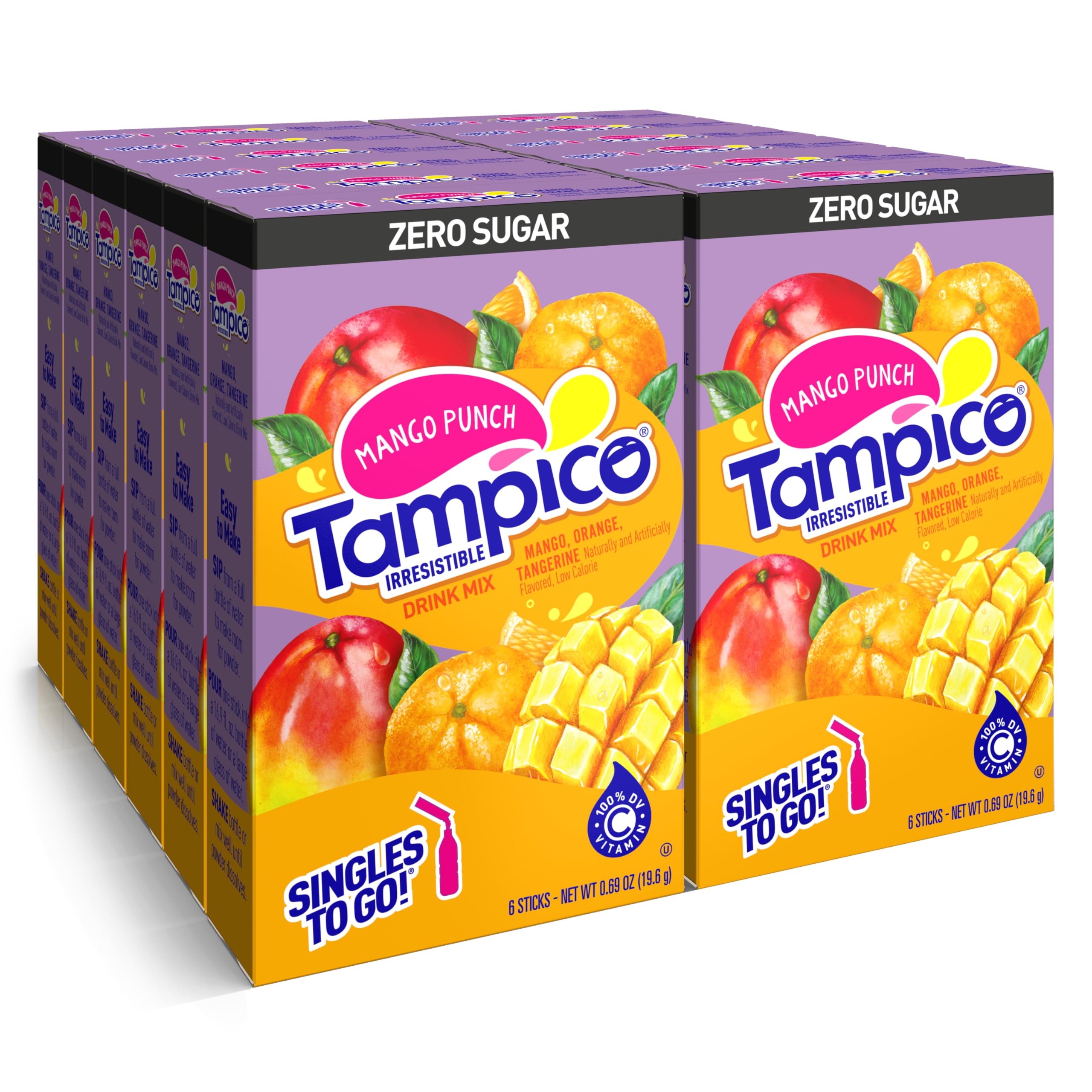 Tampico Singles To Go Drink Mix Packets, Mango Punch, Zero Sugar, Low Calorie, 100% DV of Vitamin C per Serving, Convenient, On-The-Go Water Enhancers, 6 Count (Pack - 12)