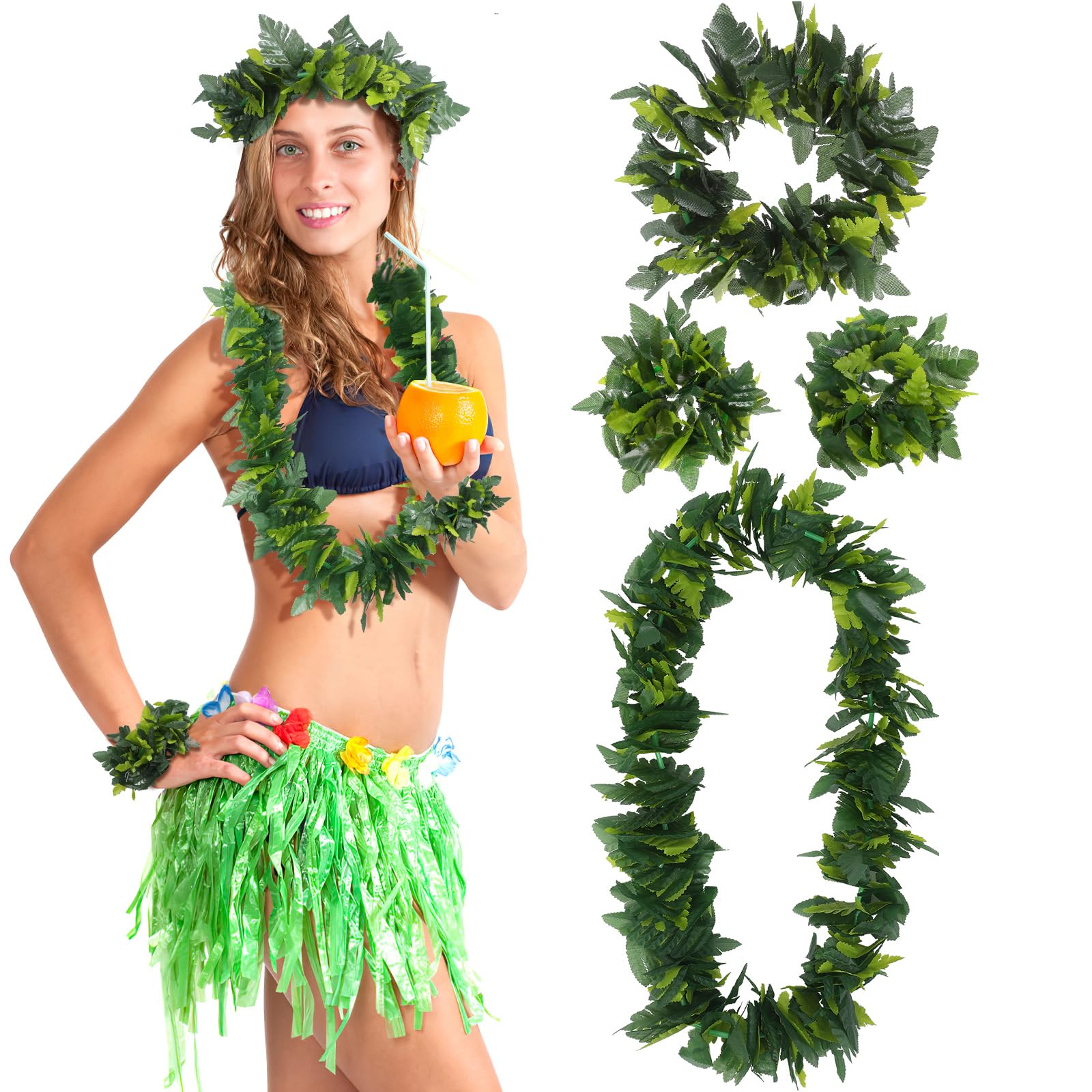 4PCS in 1 Set Green Hawaiian Lei, Party Garland Artificial Leaves Wedding Headband Lifelike Leaves Neck Loop Bracelet Simulate Tropical Beach Luau
