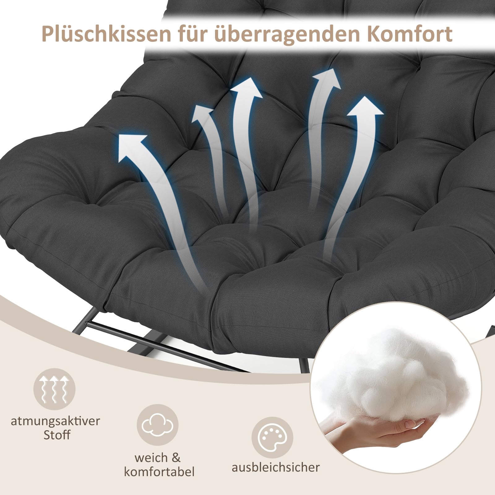 RELAX4LIFE Schaukelstuhl, Schwingsessel mit gepolstertem Kissen & Metallrahmen, Relaxstuhl bis 205 kg belastbar, Schaukelsessel Extra Groß für Garten, Schlafzimmer, Wohnzimmer, 110x95x94 cm (Grau)