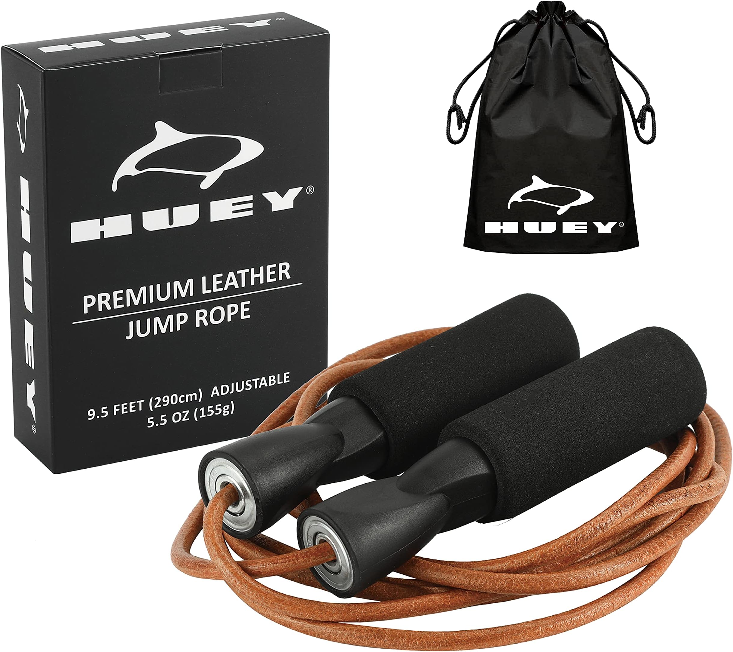 HUEY Sport Leather Jump Rope Adjustable Skipping Rope for Speed Quiet Training Boxing MMA Cardio Crossfit Fitness Works Well Both Indoor and Outside The Gym Like Playground for Beginner Men and Women