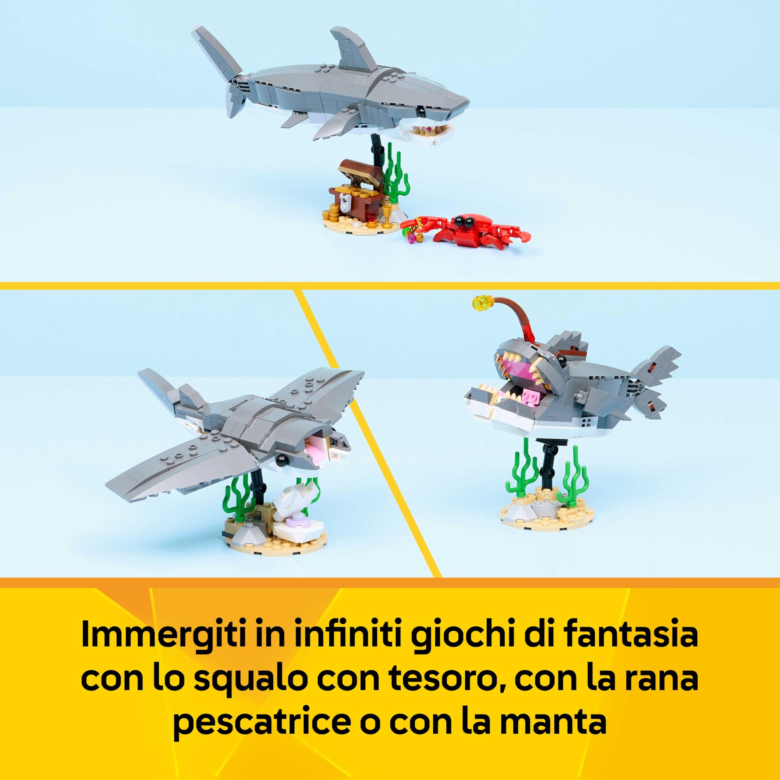 LEGO Creator 3 in 1 Squalo con Scrigno del Tesoro Giocattolo - Animale Marino Trasformabile in Rana Pescatrice o Manta - Decorazione Camera da Letto - Regalo per Bambini e Bambine da 8 Anni - 31381