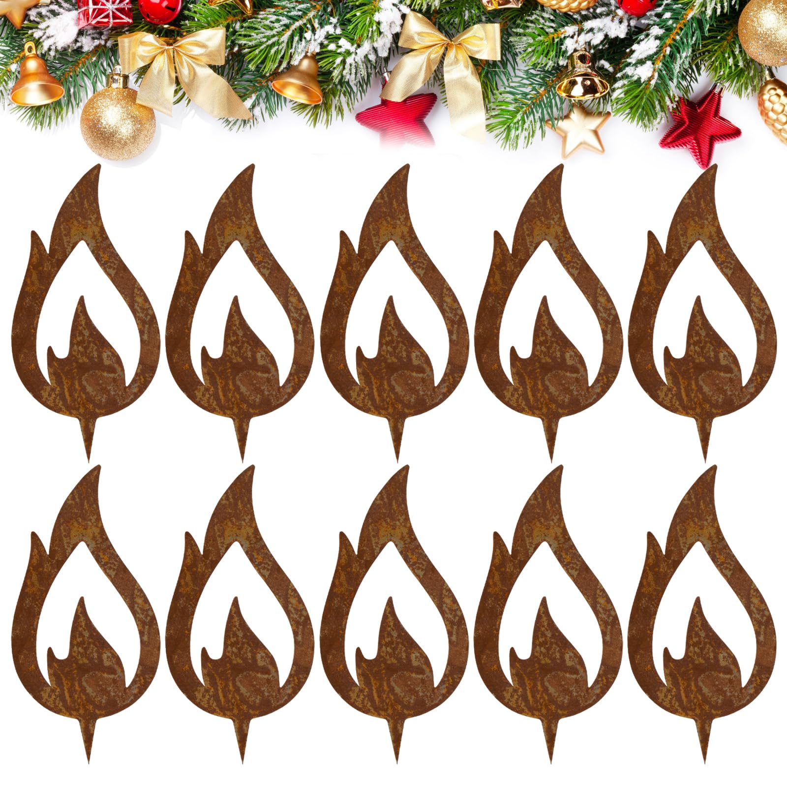 BOFUNX Juego de 10pcs Llamas de Vela de Metal Oxidado Adornos Navideños Decoración de Navidad para Jardín Ventanas Balcón Hogar