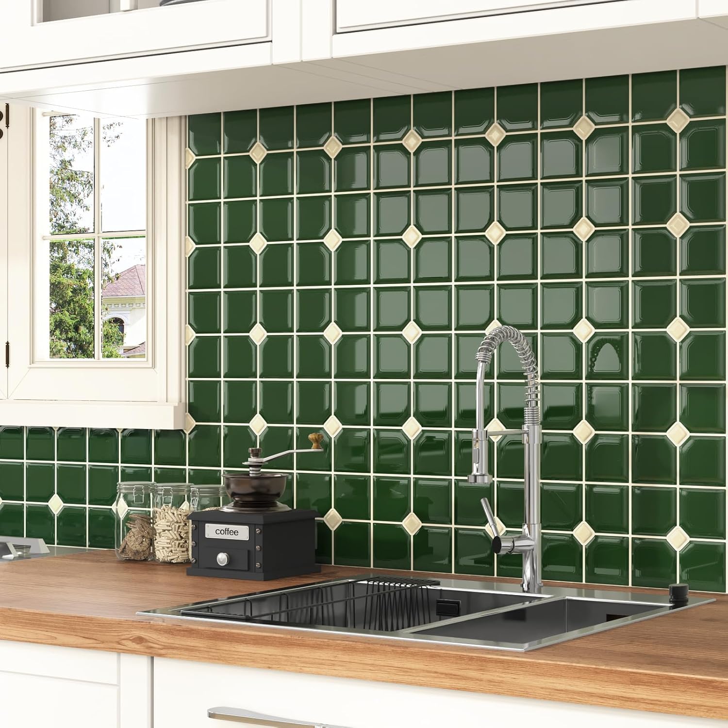 Vintage Green Peel and Stick Backsplash for Kitchen Glossy Self Adhesive Peel and Stick Tile Green 3D Checkered Square Tile Sticker Mosaic Back Splash for Bathroom Laundry Room Fireplace - Amazon product rated Grade B