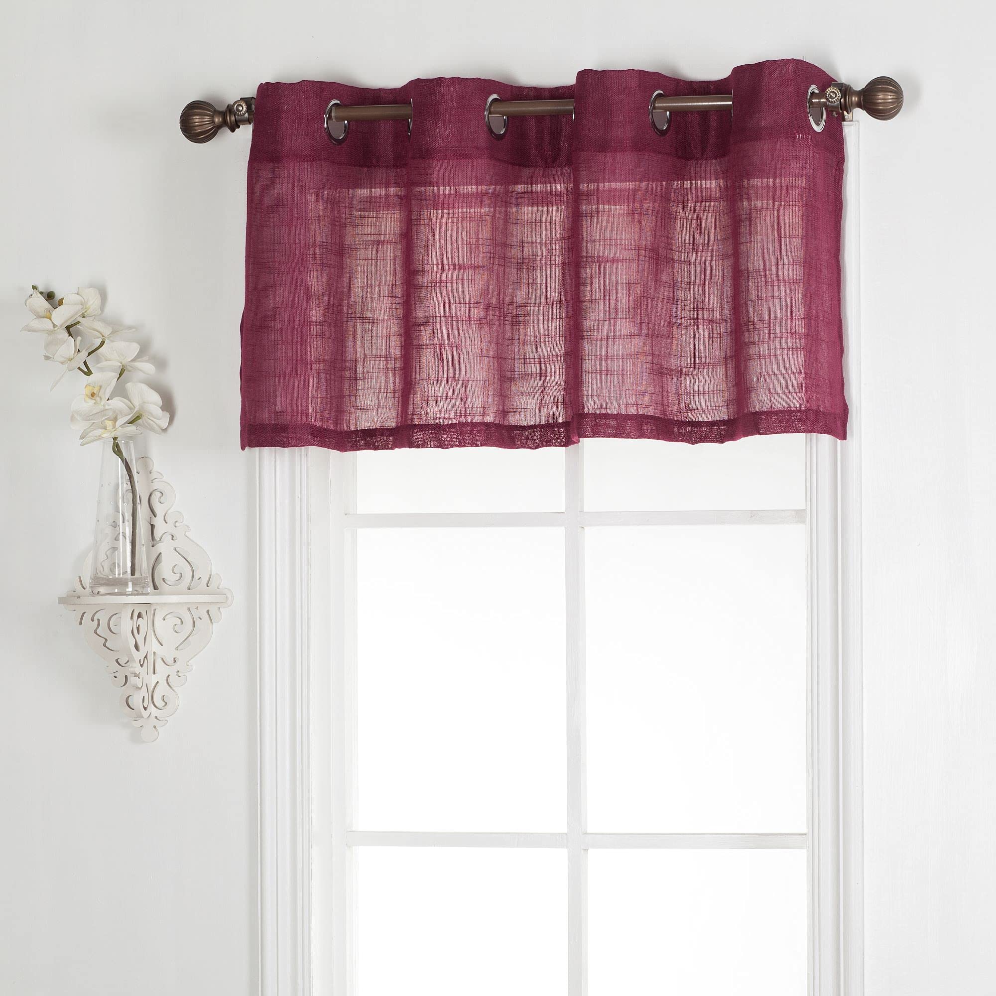 Diamond Home Linens 1 Piece Linen Look Semi Sheer Grommet Top Window Treatment Valance (52" W x 18" L, Burgundy)