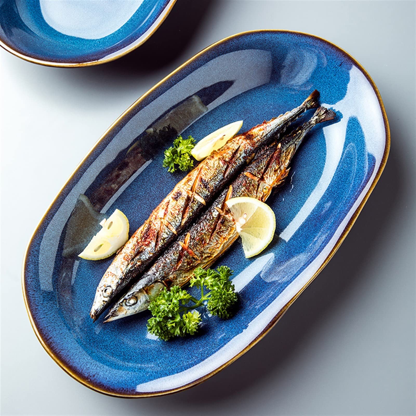 herring fish 皿 Amazon | Home dining plate Dinner Plates Blue Oval Ceramic Dinner