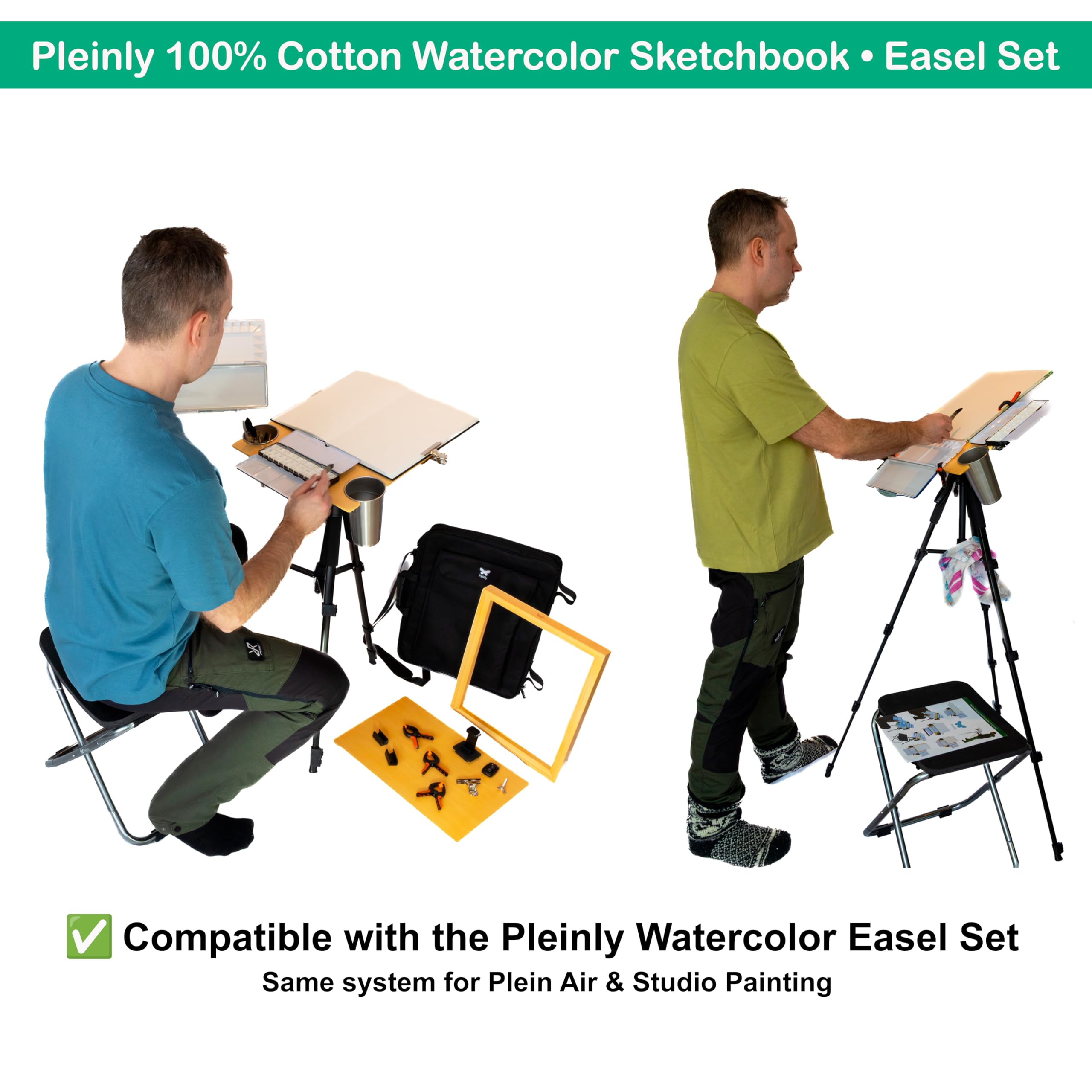 Pleinly Carnet de croquis aquarelle, 202 x 306 mm, 100 % coton, 300 g/m², 26 feuilles/52 pages, portrait, pressé à chaud (texture subtile), couverture en toile rigide