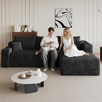 95" Cloud Sectional Couch with L-Shaped Chaise, Modern Corduroy Sectionals Couches with Deep Seat, Boneless Sofa 3 Seater for Living Room, No Assembly Required Black, Right Facing Chaise