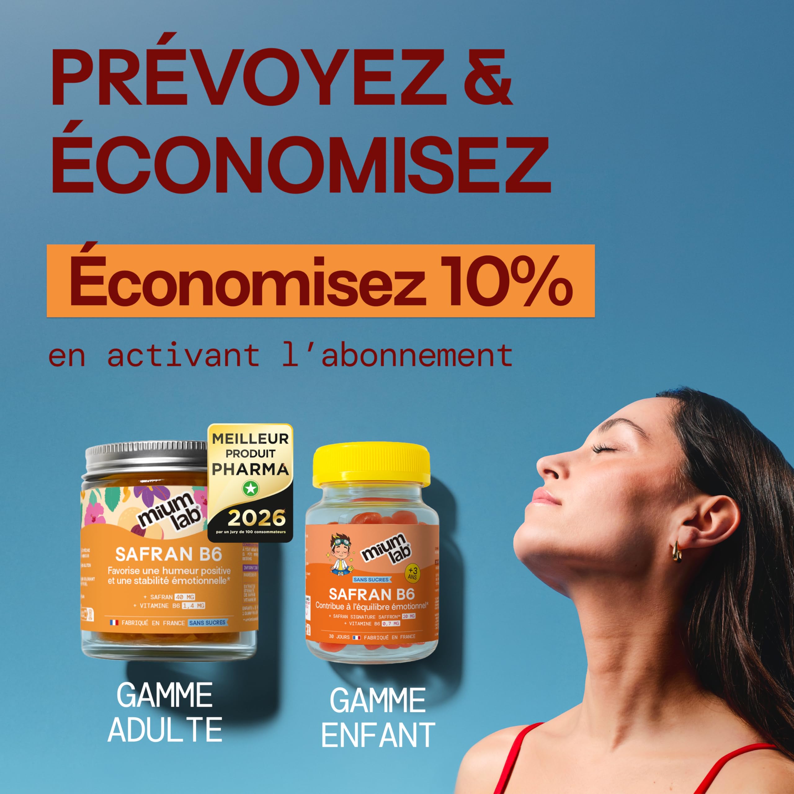 Mium Lab - Gummies Safran Hautement dosé (40mg) et Vitamineamine B6 sans sucres - Enfants et Adultes - Formule exclusive - Programme 3 à 6 semaines - Saveur Pêche - Fabriqué en France