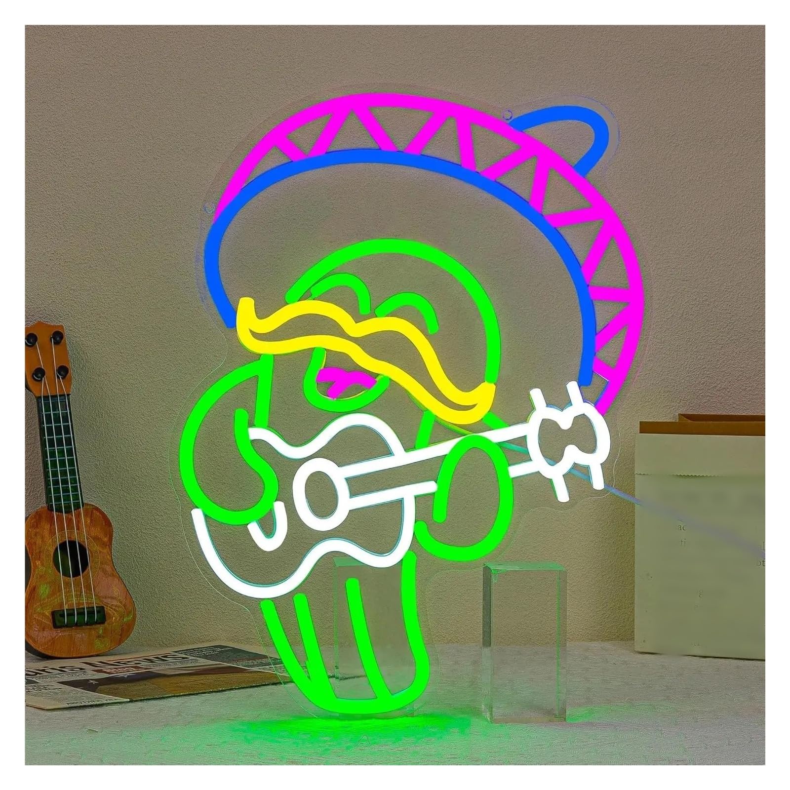 LEMST Signs Lamp Cactus Neon Sign Sombrero Hat Neon Light Play Guitar Night Light for Bedroom Kids Room Cafe Bar Mall 40x29cm