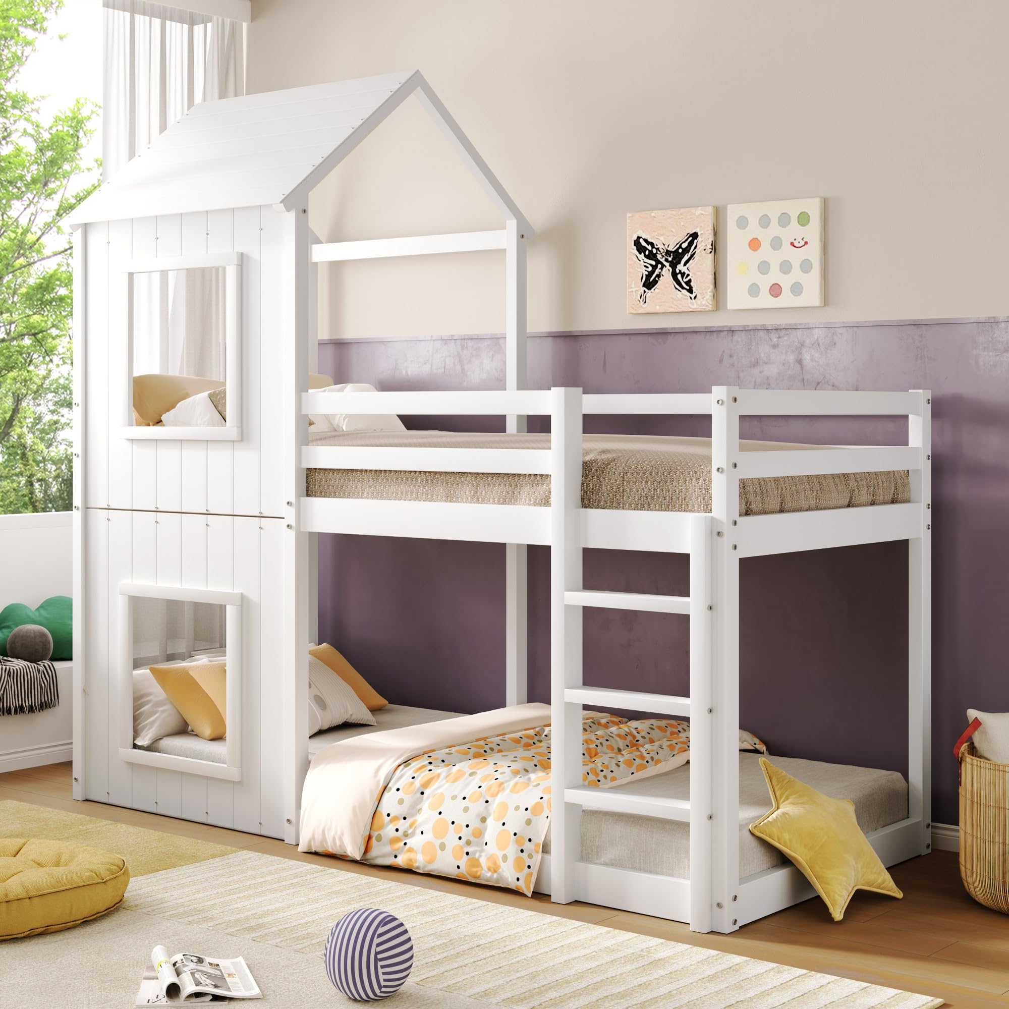 Kinderbett 90x200 Etagenbett für 2 Kinder, Hausbett Hochbett mit Leiter und Baldachin, Baumhausbett Stockbett Kinderhochbett Jugendhochbett mit Rausfallschutz und Lattenrost, Ohne Matratze, Weiß