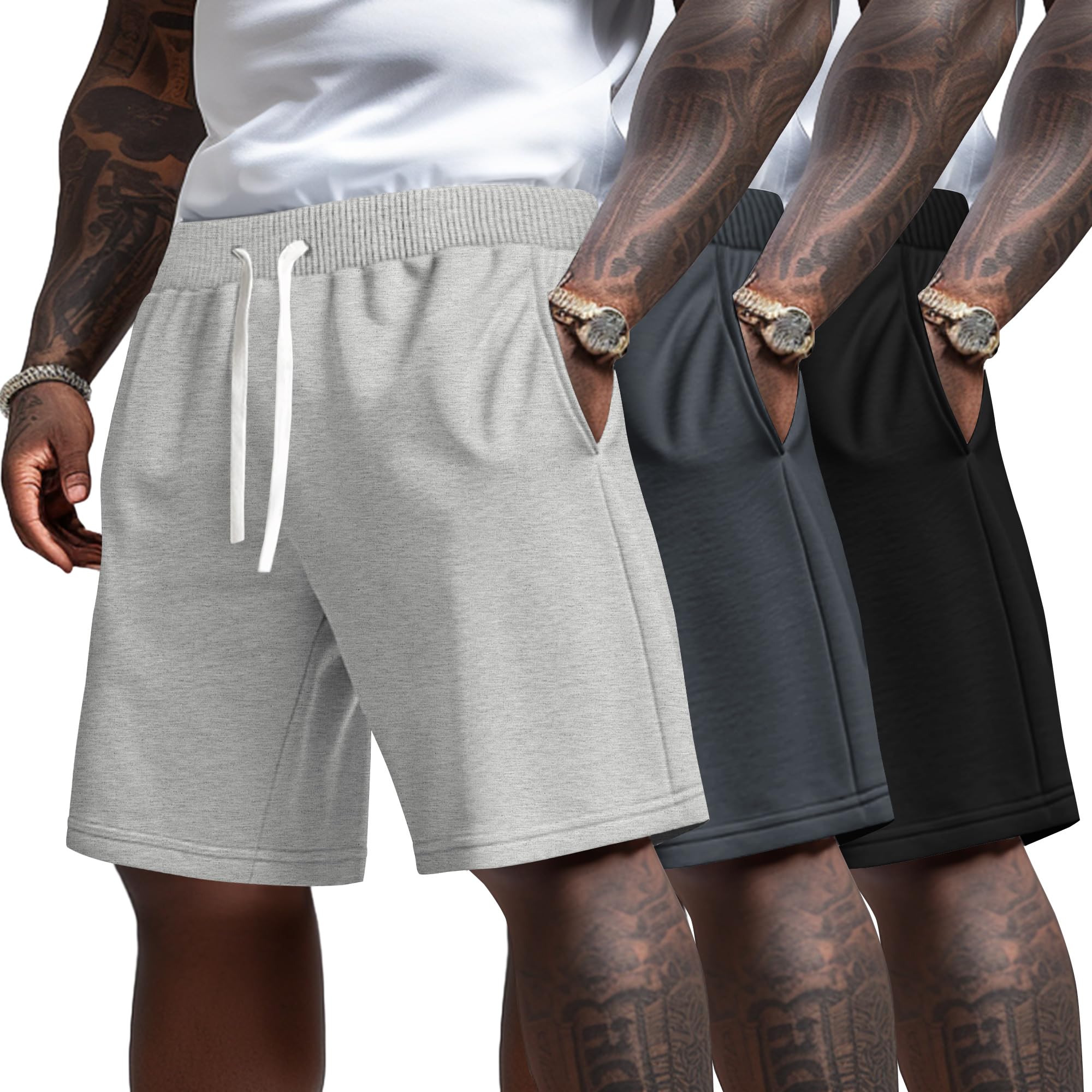 Ficerd 3 Pack Big and Tall Men's Sweat Shorts 9'' Plus Size Bermuda Drawstring Elastic Waist Shorts with 3 Pocket