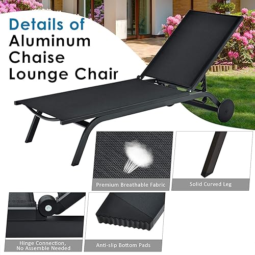 Miniatura 7 de Tangkula Tumbona de aluminio para exteriores, silla reclinable para patio con 6 respaldos ajustables, tumbona reclinable con ruedas para playa,