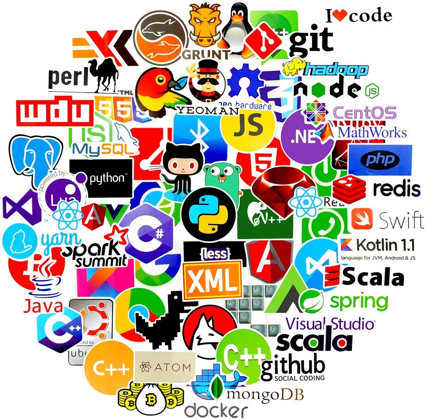 Programming Stickers(72pcs Pack No-duplicate),Vinyls Graffiti Stickers of IT Logo and Geek Coder Languages Series Logo, Developer Programmer Decoration,Open Sources Linux Mysql PHP Python C++ C#