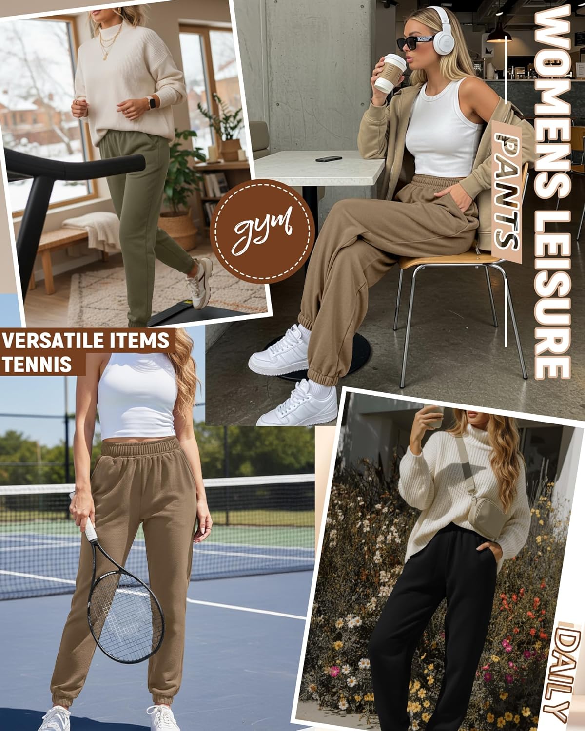 3 Pack Women's Joggers Sweatpants with Pockets, Elastic High Waisted Drawstring Baggy Lounge Trousers Yoga Workout - Image 2