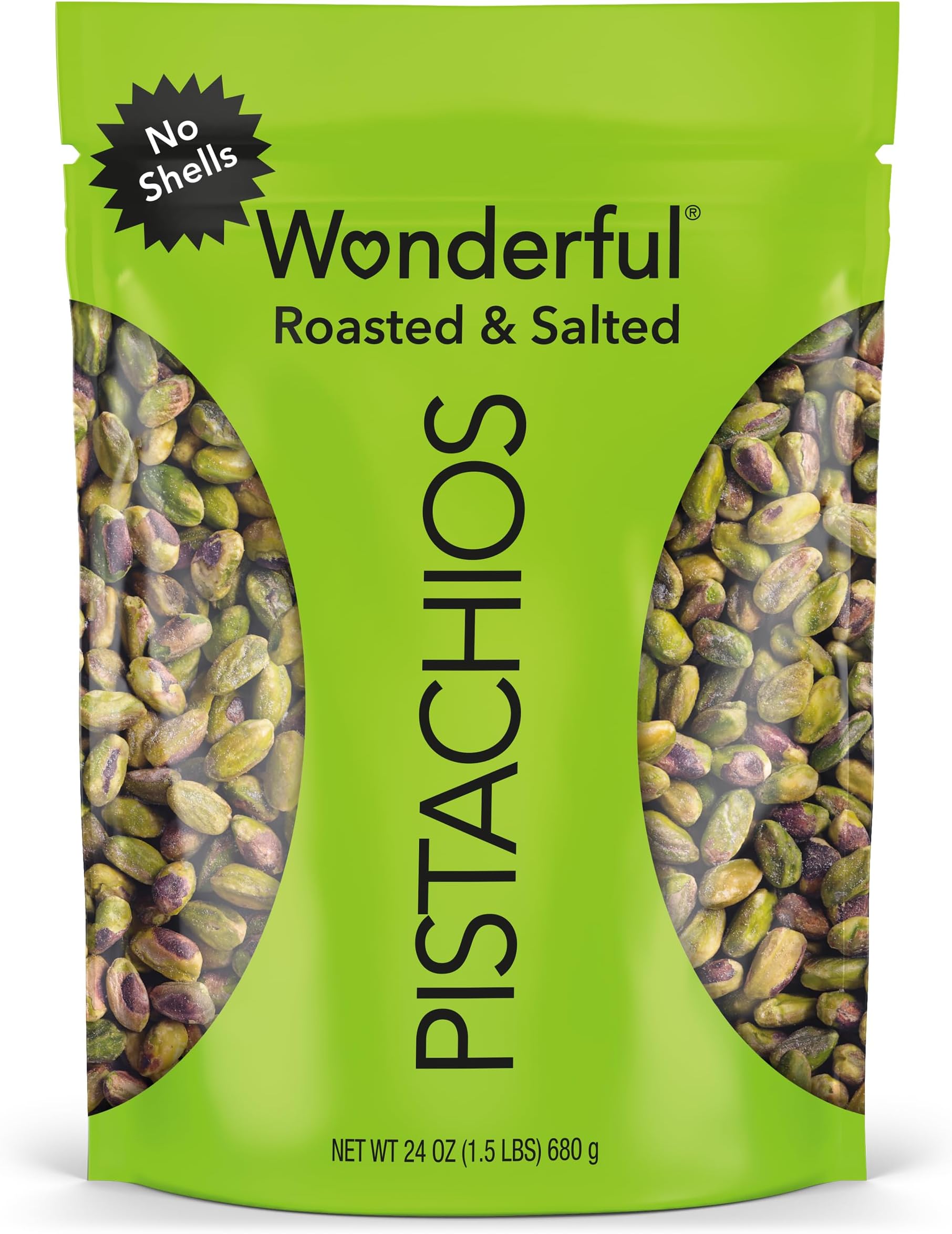 WONDERFUL Pistachios, No-Shell, Roasted and Salted, 24oz Resealable Bag