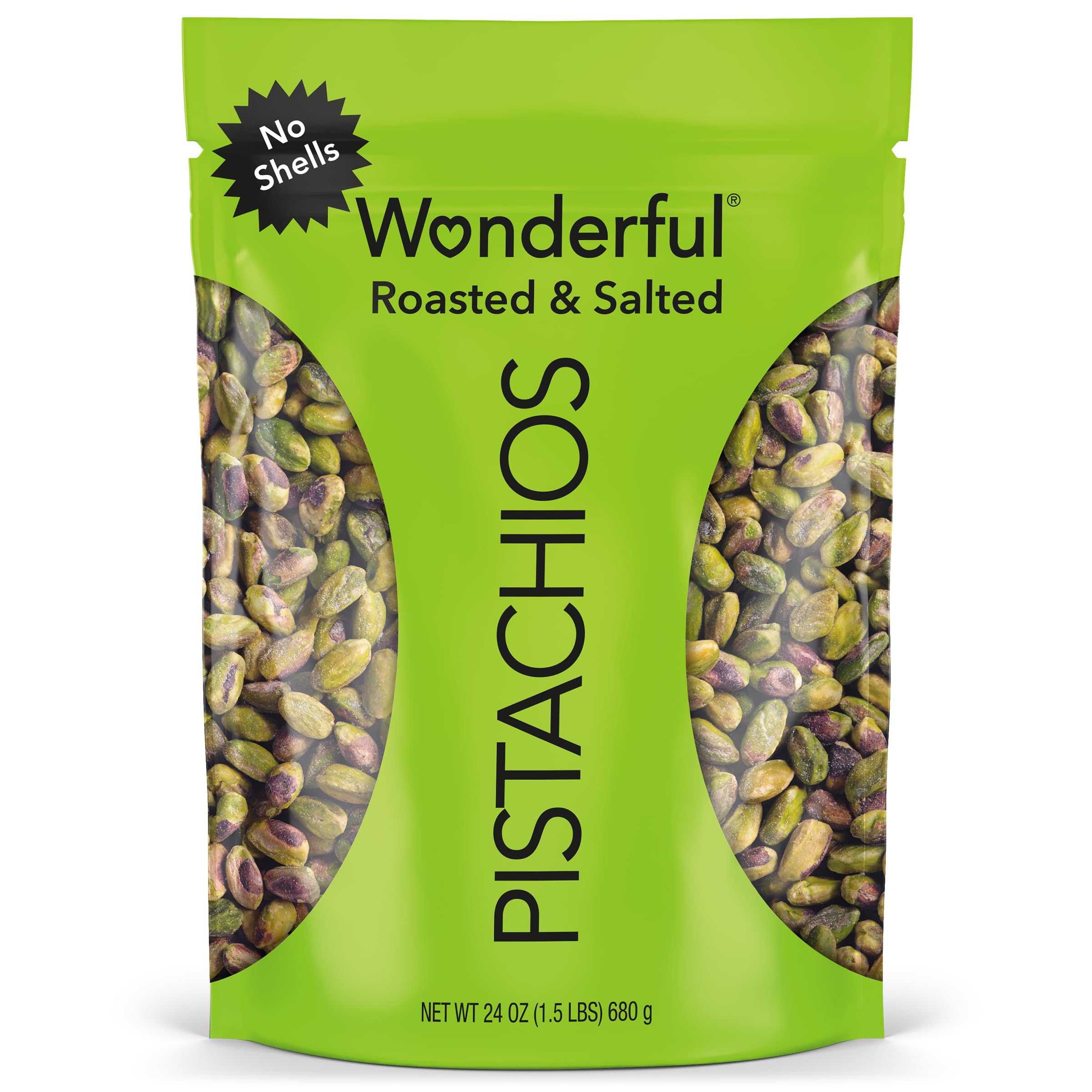 WONDERFUL Pistachios, No-Shell, Roasted and Salted, 24oz Resealable Bag