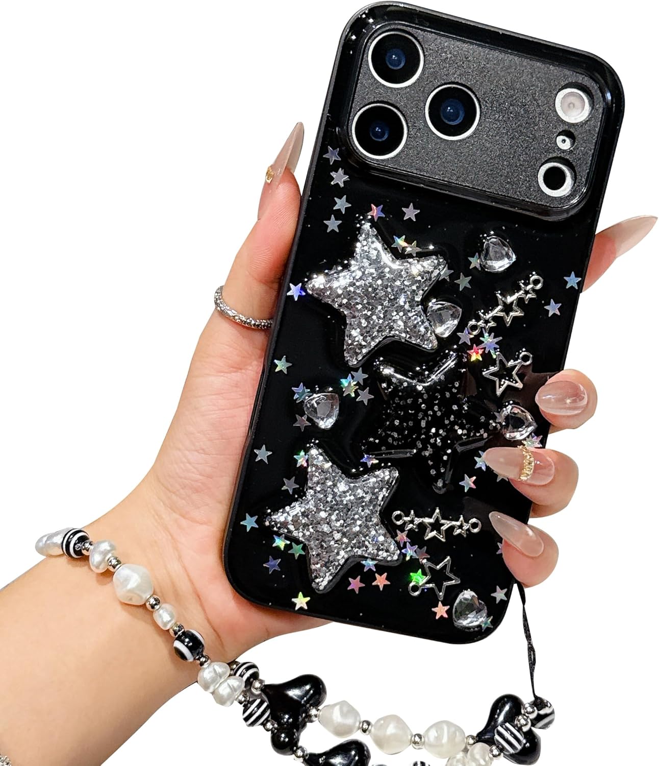 Compatible with iPhone 17 Pro Case Cute 3D Bling Glitter White Black Stars with Pearl Bracelet Chain Design for Girls Women Kawaii Sparkle Protective Phone case for iPhone 17 Pro-Black