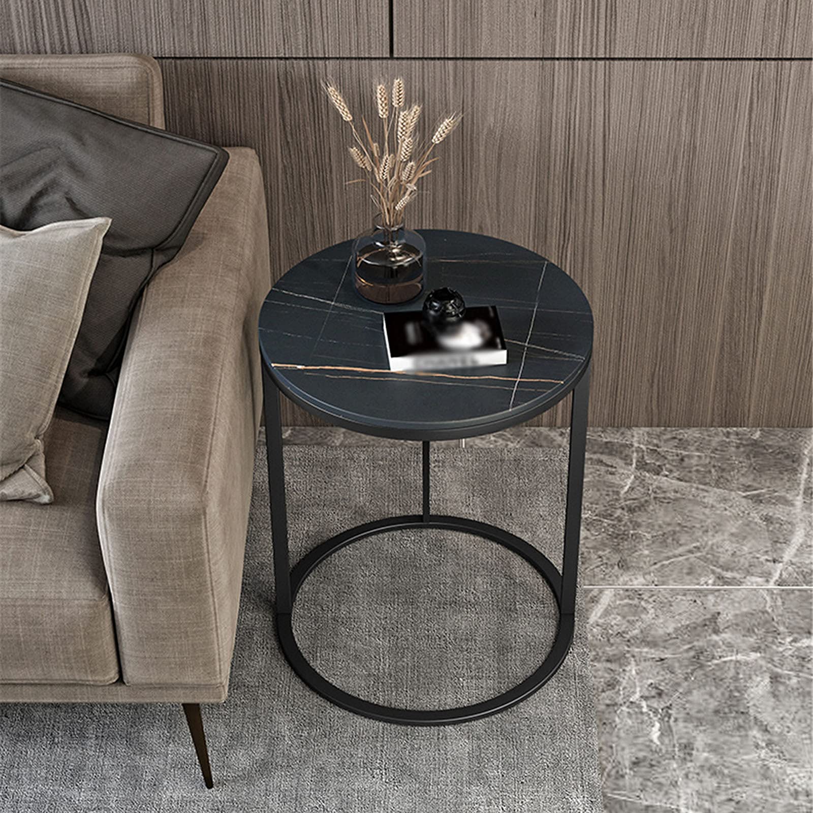 Runder Marmor-Couchtisch, 55 cm hoher Couchtisch, Wohnzimmer, Arbeitszimmer, Ausstellungstisch, Akzent-Sofatisch mit Eisenrahmen, runde Marmortischplatte, D, 45 x 45 x 55 cm, hergestellt in China