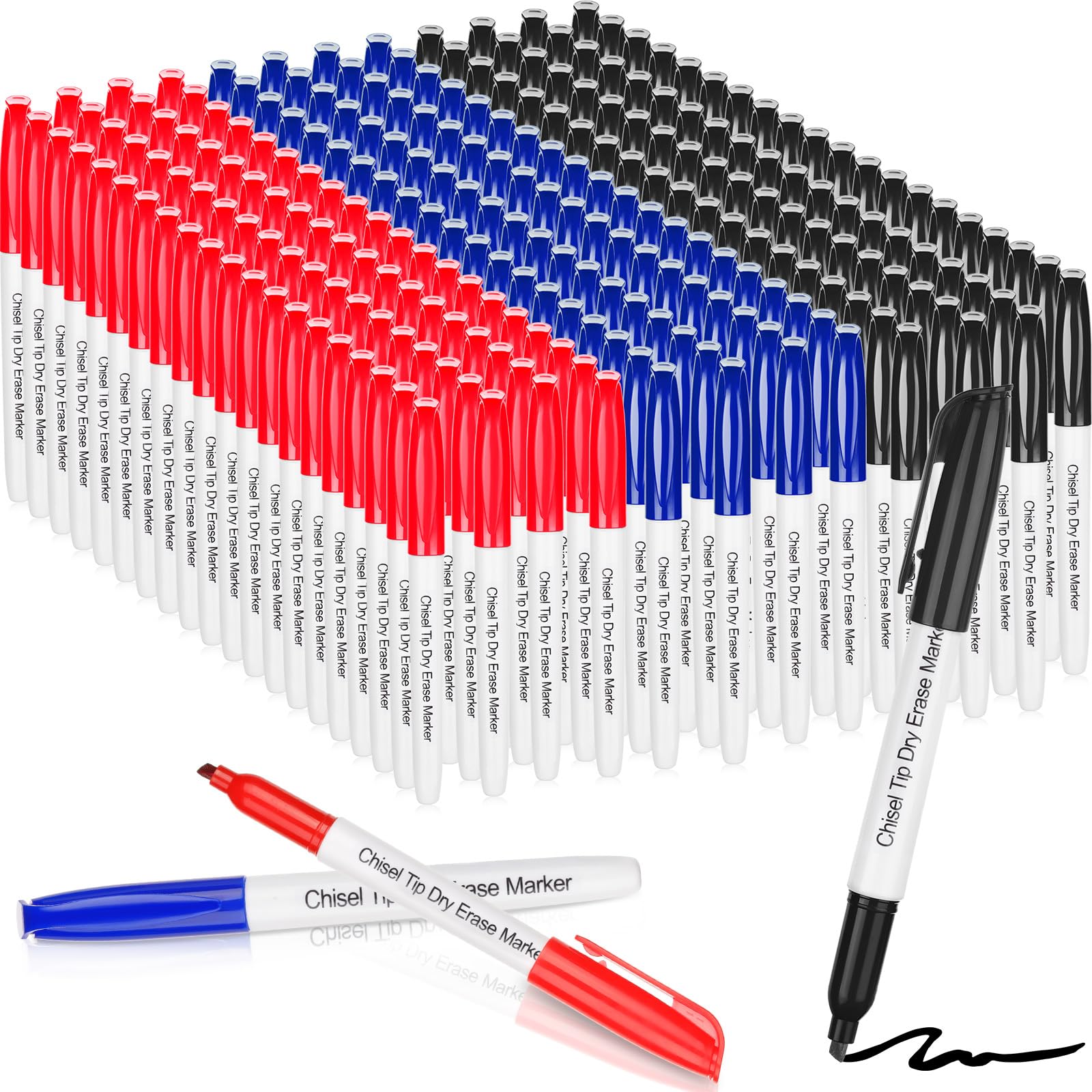 Sepamoon Paquete de 240 marcadores de borrado en seco, a granel, punta de cincel, marcadores de pizarra blanca, marcadores de borrado en seco de bajo olor para escuela, oficina, hogar (negro, azul,