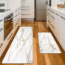 White Gold Marble Kitchen Rugs Sets of 2 Anti Fatigue Mats for Kitchen Floor Waterproof Non-Slip Kitchen Mat for Home Office Laundry White Gold, 17"x29.5"+17"x47.2"