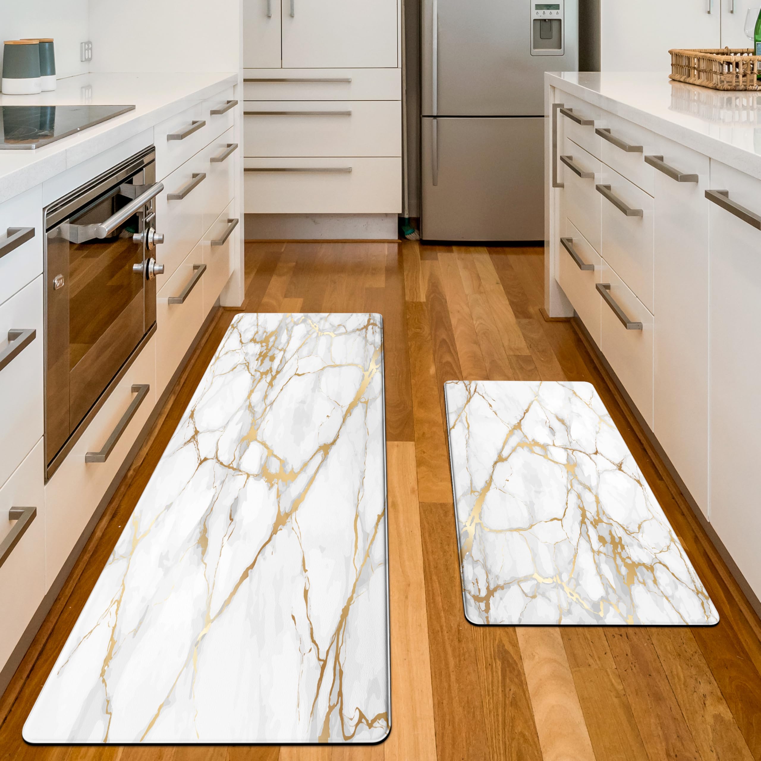White Gold Marble Kitchen Mat and Rugs 2 Pieces Anti Fatigue Cushioned Kitchen Floor Mat Gold Kitchen Accessories Non-Slip Kitchen Rugs Sets for Home