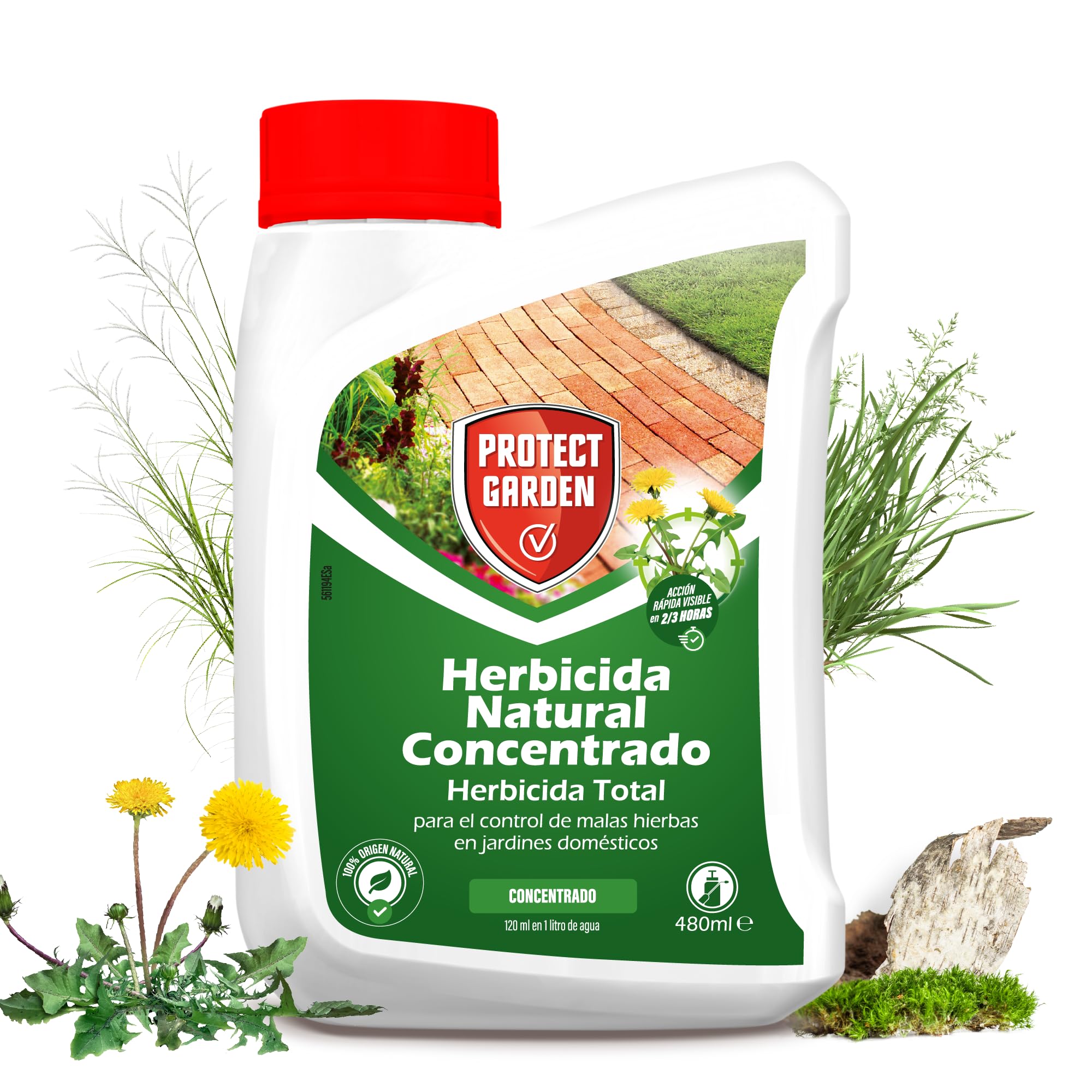 Protect Garden, Herbicida total de origen natural. Alternativa al glifosato de origen 100% natural. Acción rápida visible hasta 4 semanas. 480ml