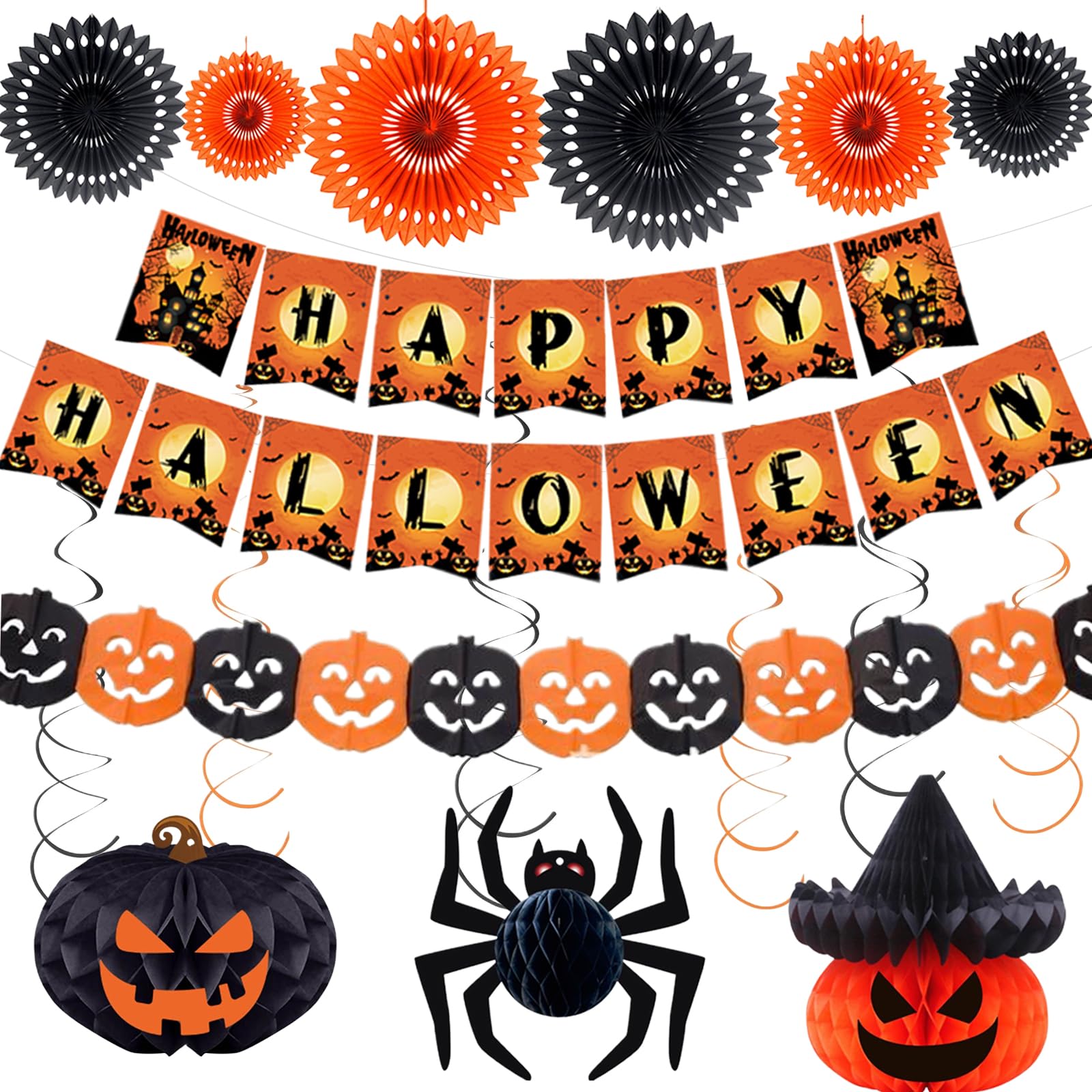 Xunerloy Halloween Party Decorations, Reusable Happy Halloween Paper Banner Paper Fans for Home, Pumpkin Garland Hanging Honeycomb Balls Suitable