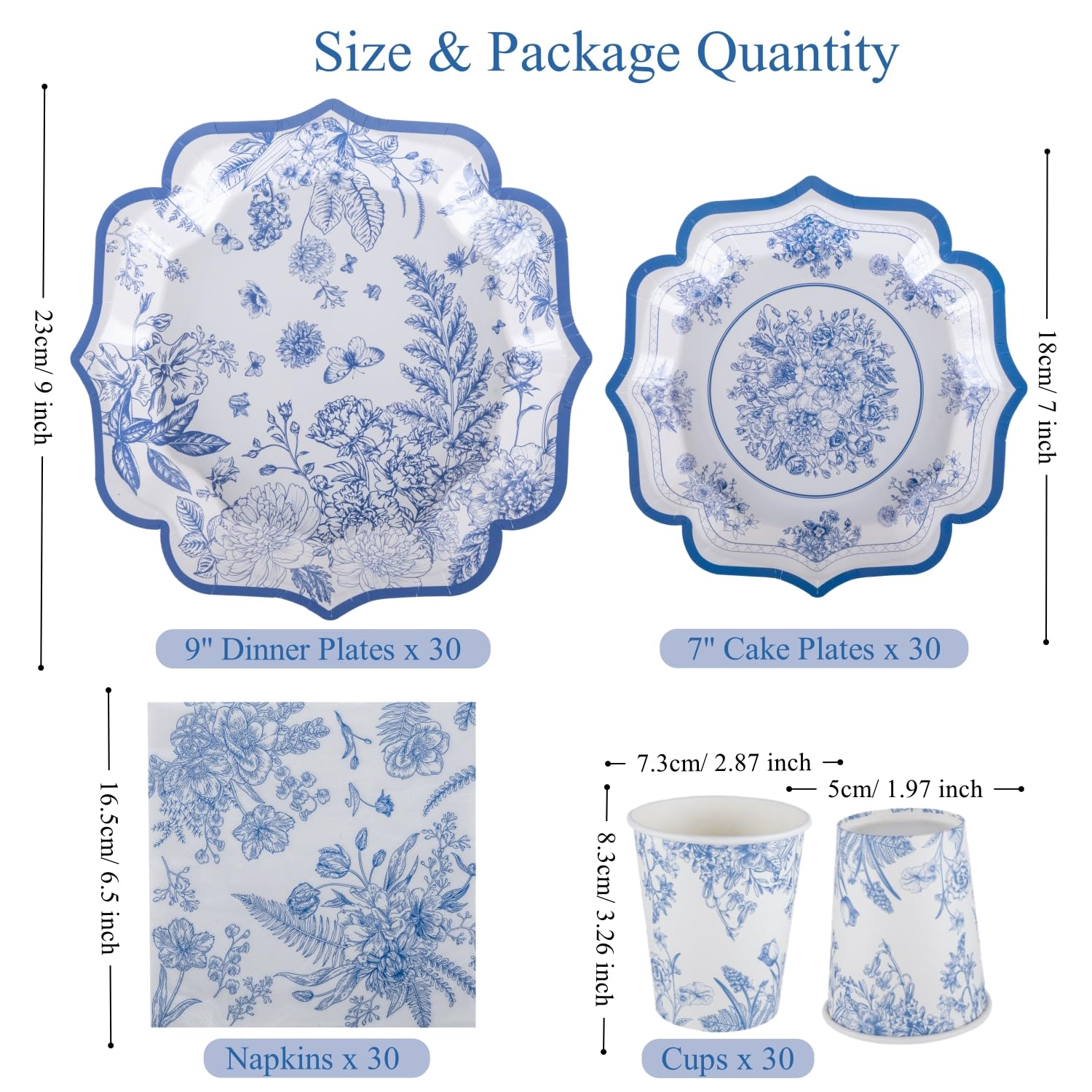 Stoviglie eleganti in cartone blu e bianco per 30 ospiti – Piatti, Asciugamani e Tazze – Tè, Compleanni
