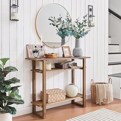 Miniatura 8 de Mesa consola bohemia de madera maciza, mesa de entrada rústica de 39.4 pulgadas con estante de ratán, mesa consola abierta de 3 niveles, mesa de